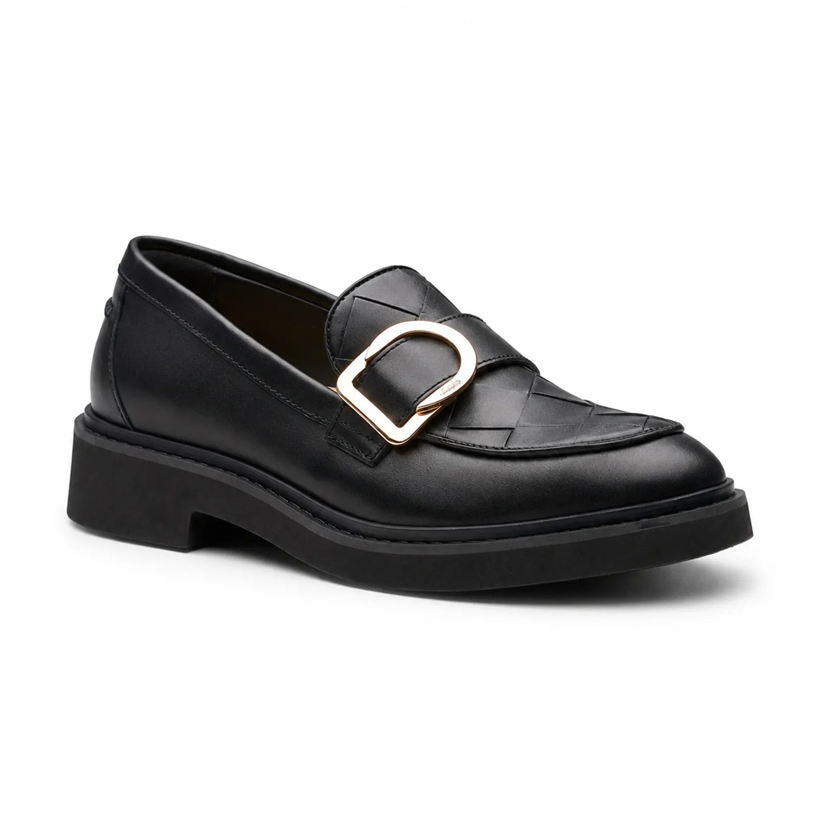 Black leather penny loafer with metal buckle detail and chunky sole