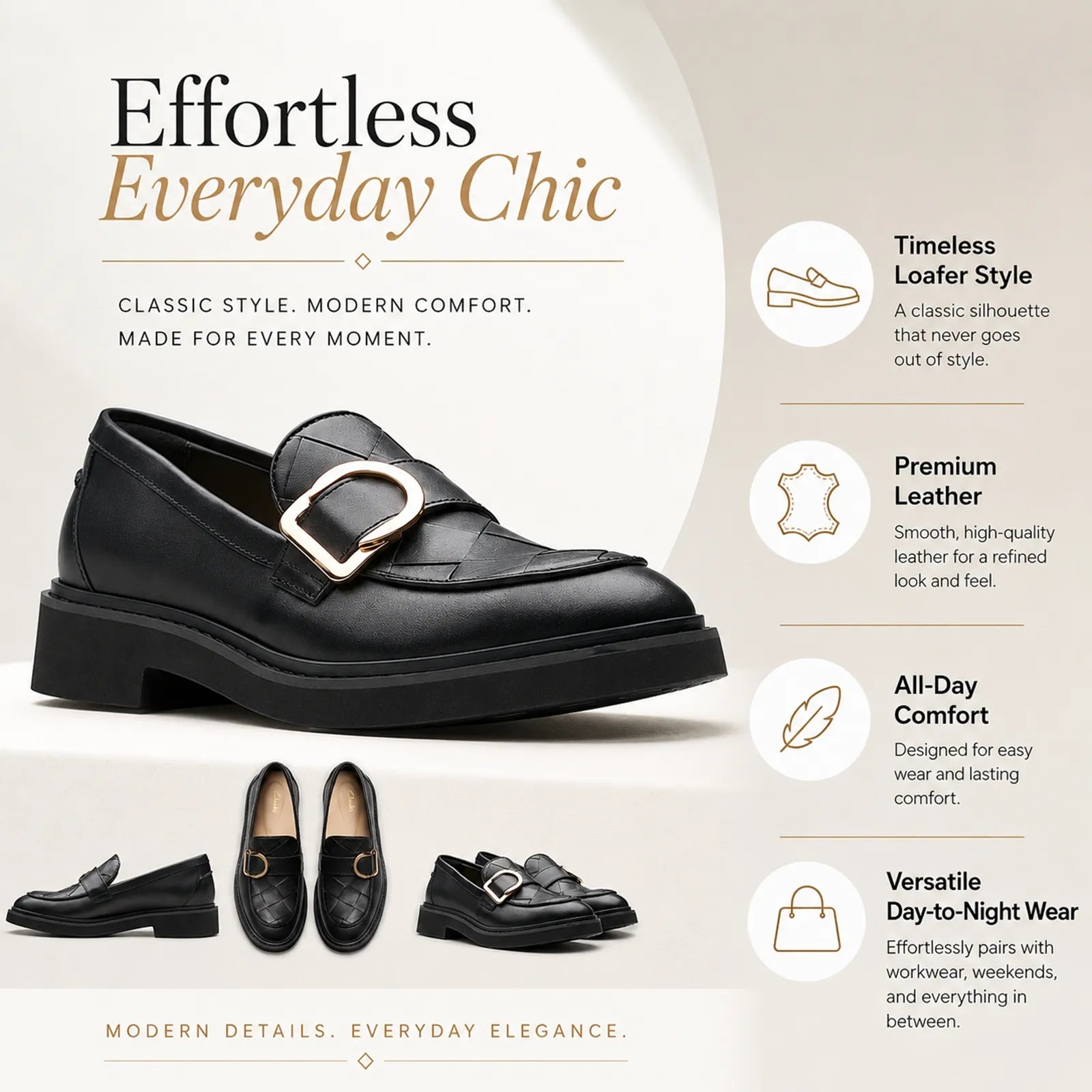 Black leather penny loafer with gold-tone buckle and woven penny apron detail