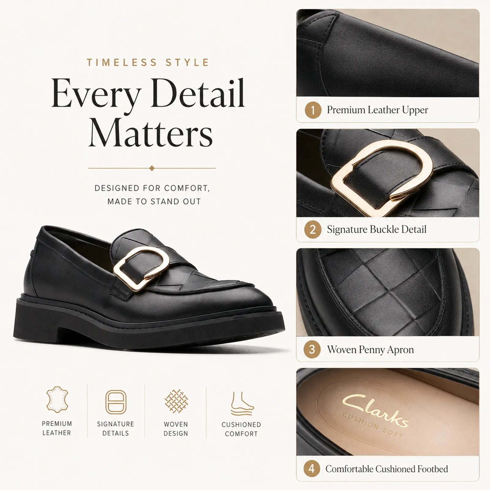 Black leather penny loafer with metal buckle and woven apron on platform sole