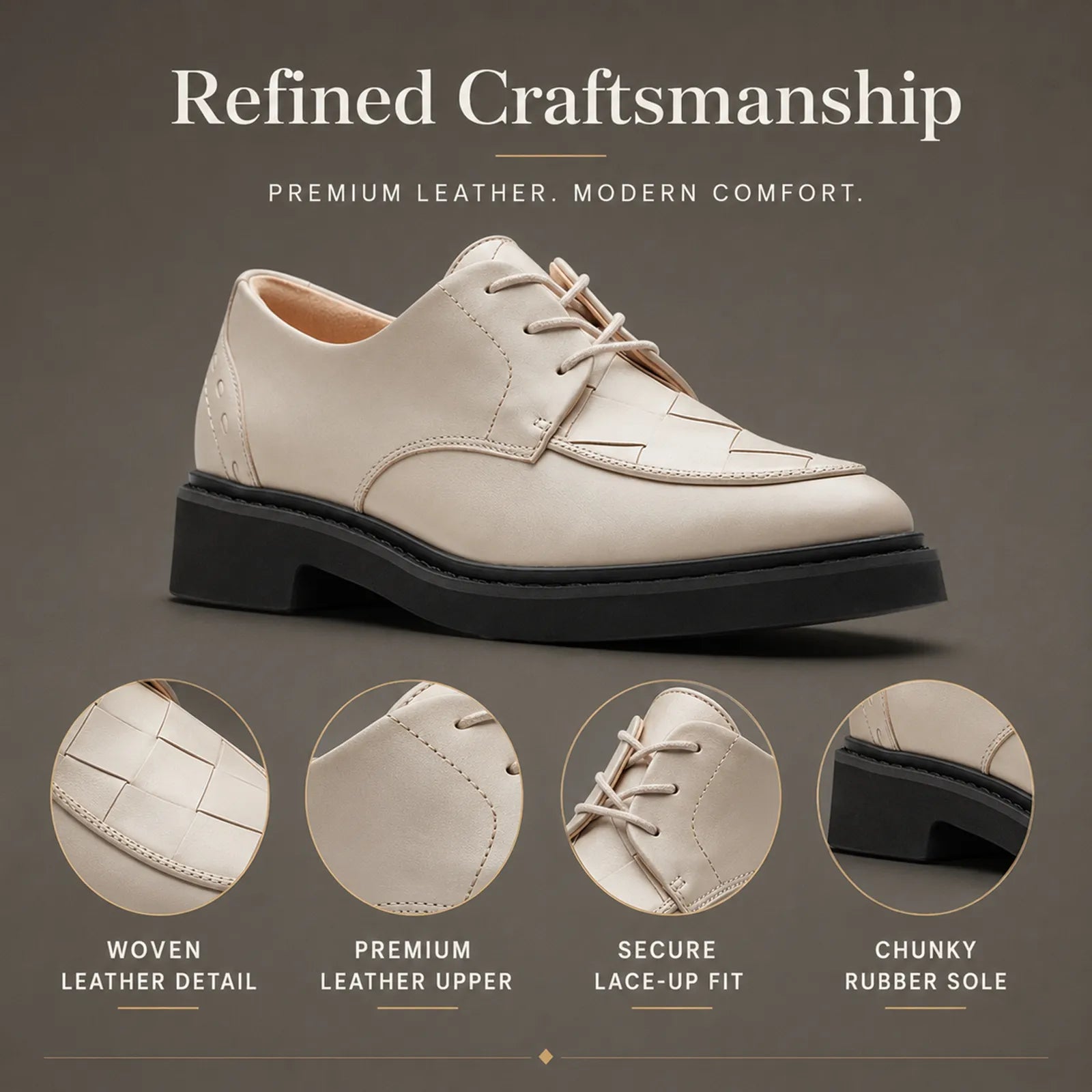 Women’s white leather lace-up business shoes with woven leather upper detail and black sole