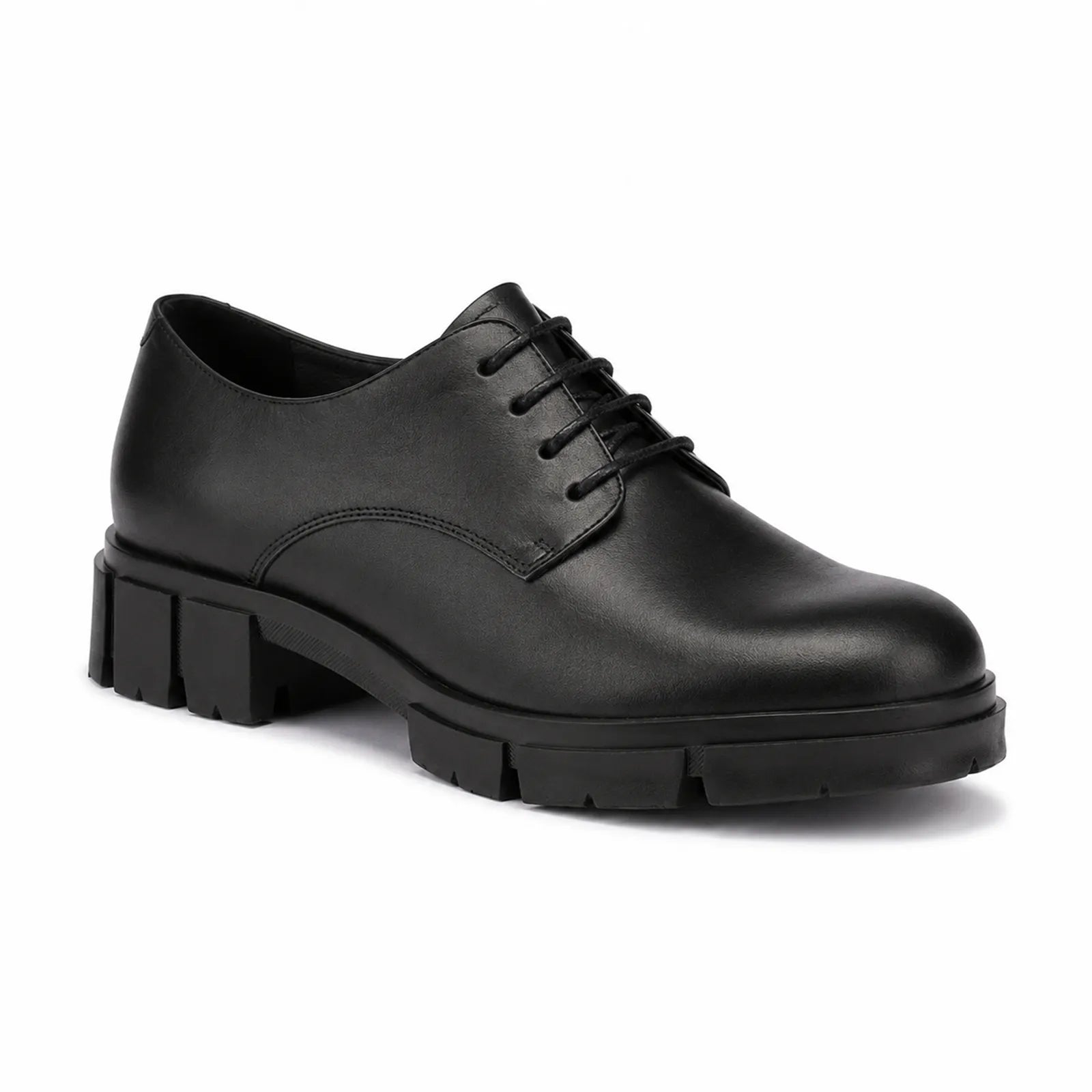 Black leather lace-up business shoe with chunky block heel and rounded toe.