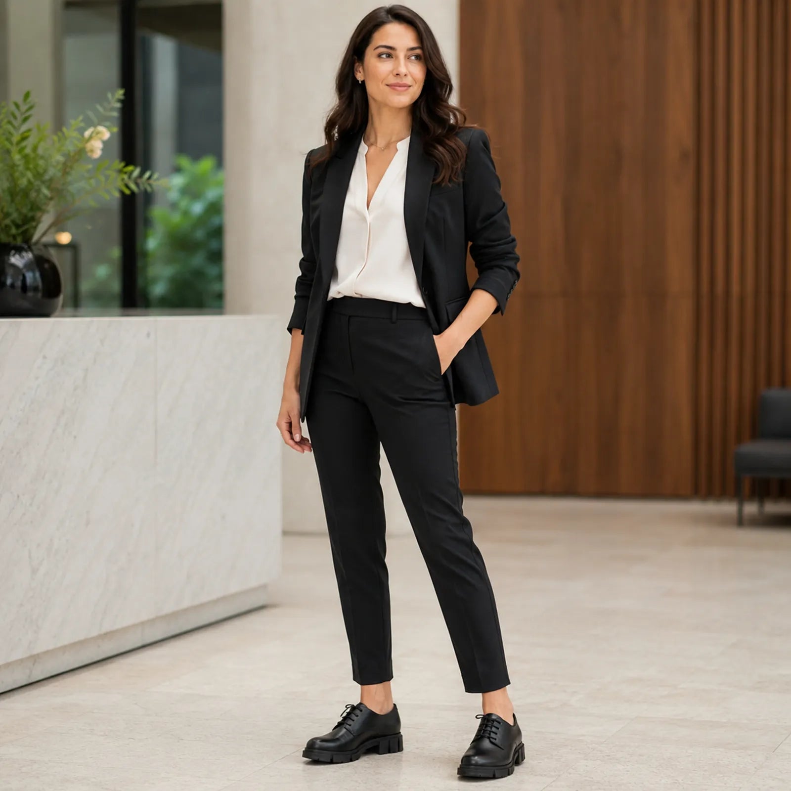 Black leather lace-up shoes on the wearer, with chunky block heel and rounded toe.