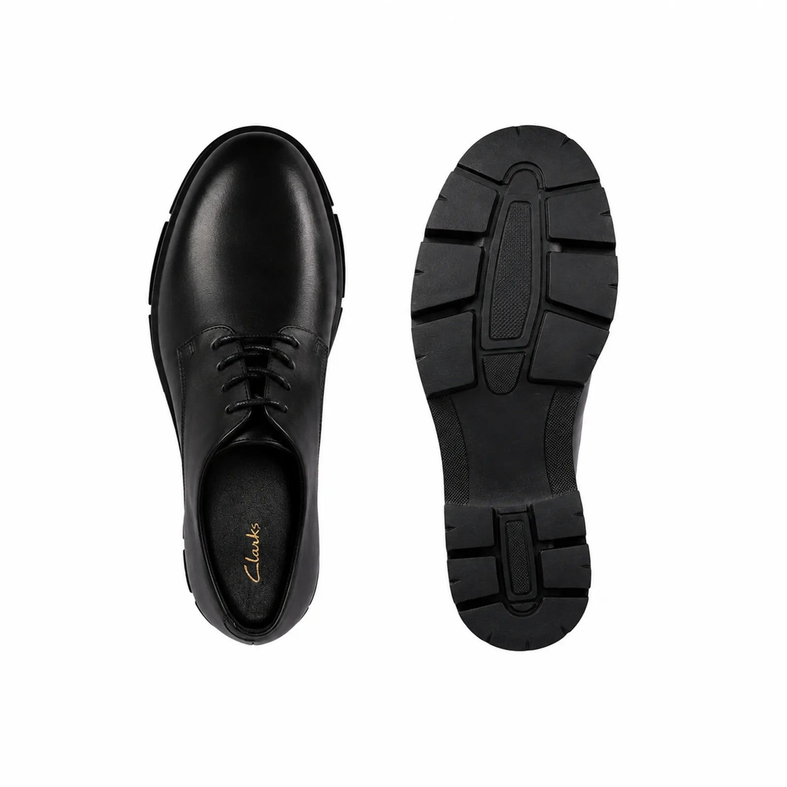 Black leather lace-up shoe pair showing toe and rubber outsole sole.