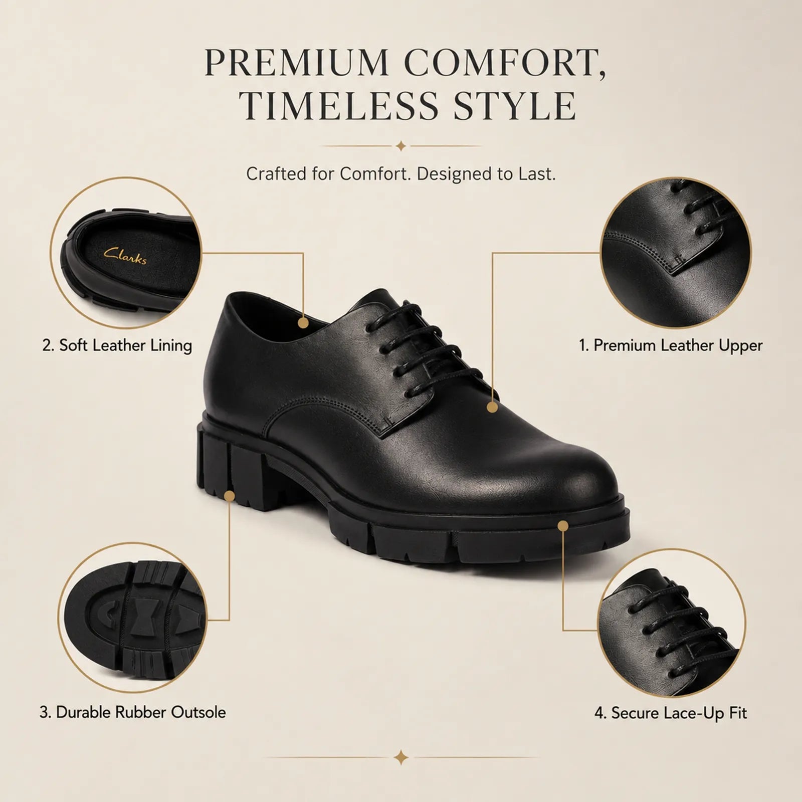 Black leather lace-up oxford-style business shoe with chunky block heel.