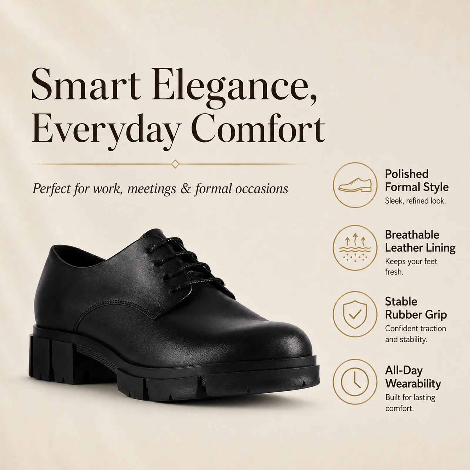 Black leather lace-up business shoe with cushioned-looking sole and chunky block heel.