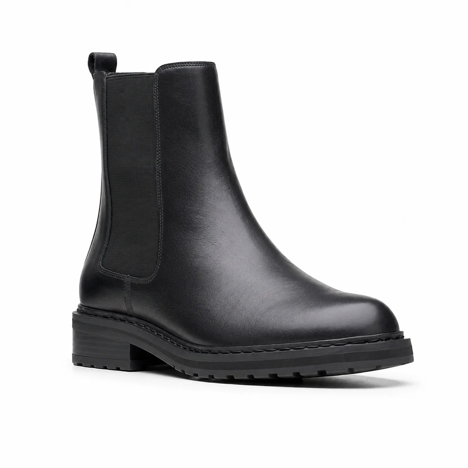 Black women's Chelsea boot with elastic side panel and chunky tread sole