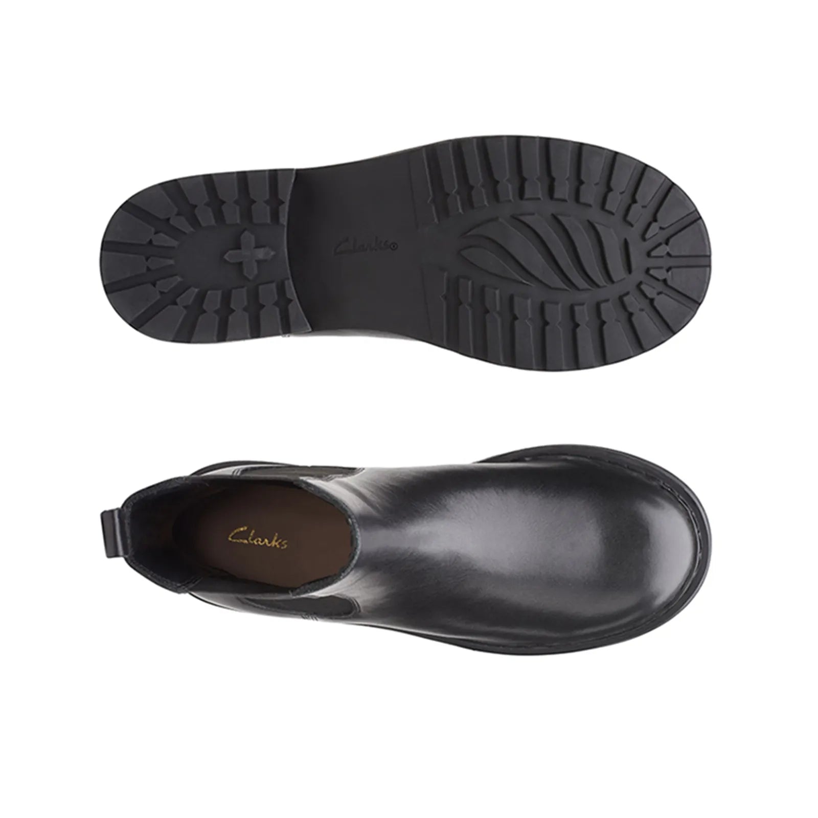 Women's black Chelsea boots with elastic side panels and treaded TPR outsole.