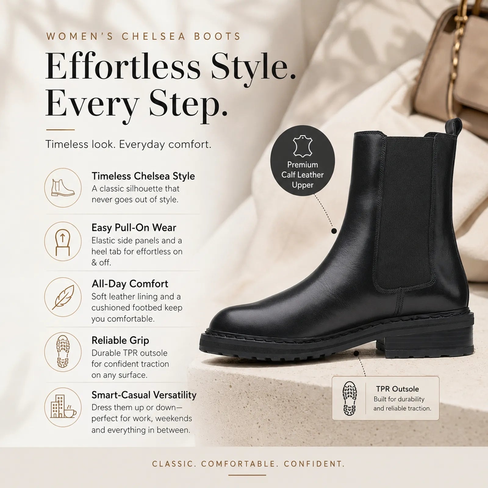 Women's black Chelsea boot with elastic gore panels, ankle height, treaded sole.