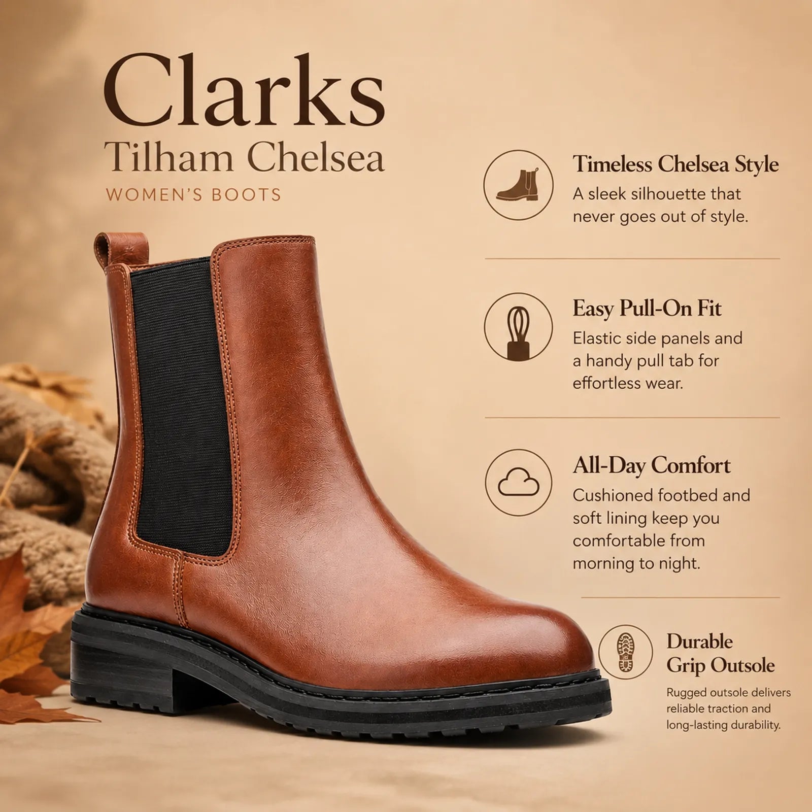 Brown leather Chelsea boot with elastic side panel and chunky tread outsole