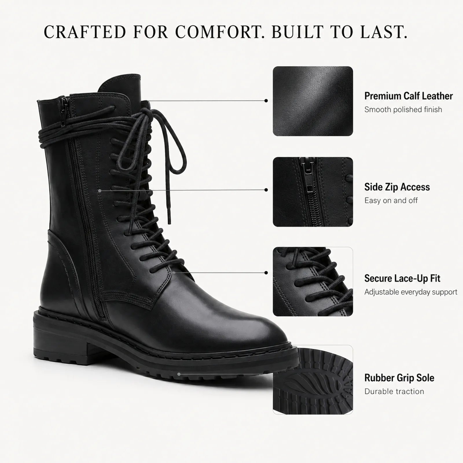 Black leather lace-up ankle boots with pull tab, padded collar, and rubber grip sole.