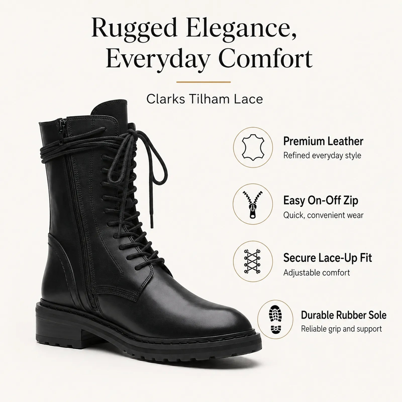 Black leather lace-up ankle boots with quick on/off side zip and durable rubber sole.