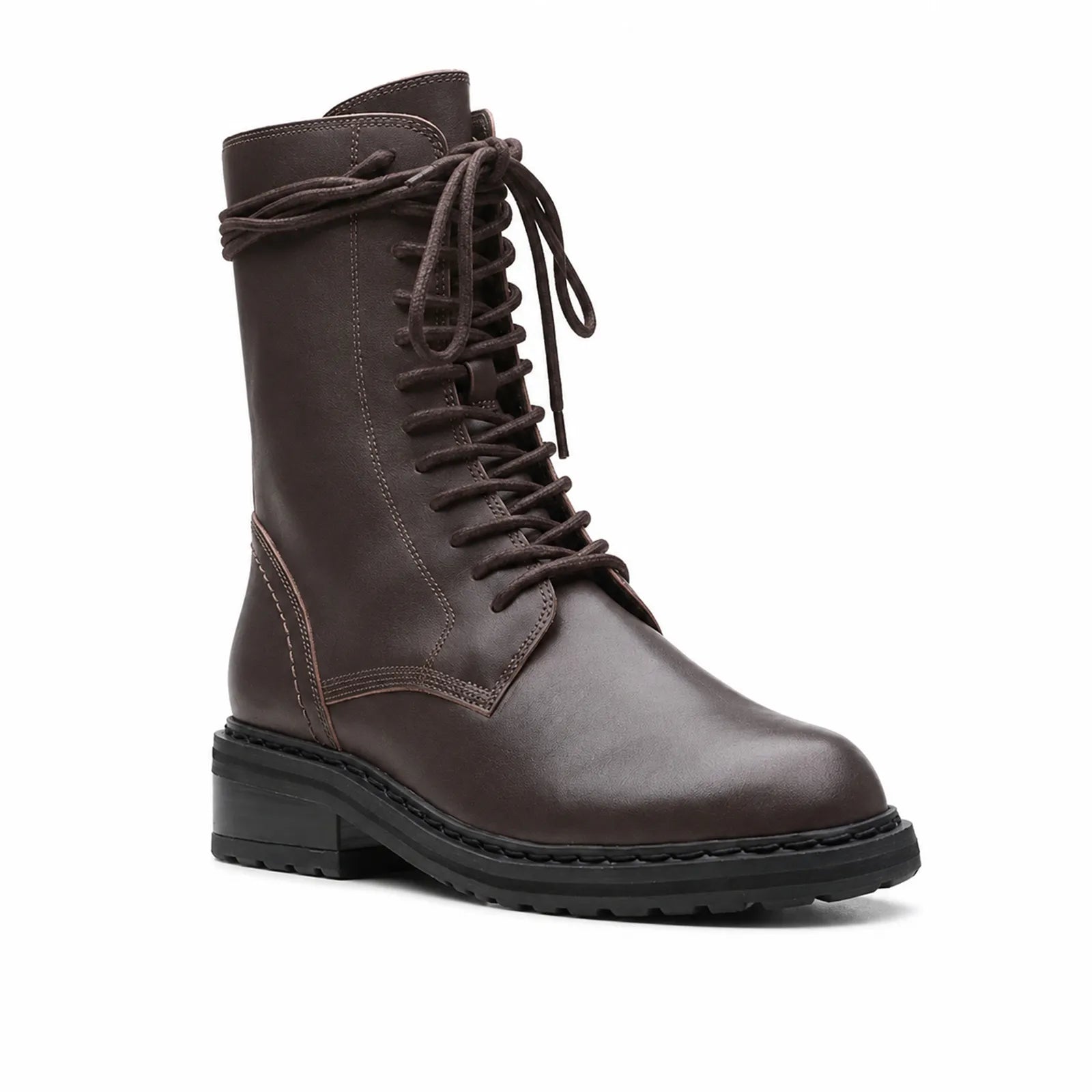 Brown leather lace-up ankle boots with padded collar and chunky rubber tread sole.