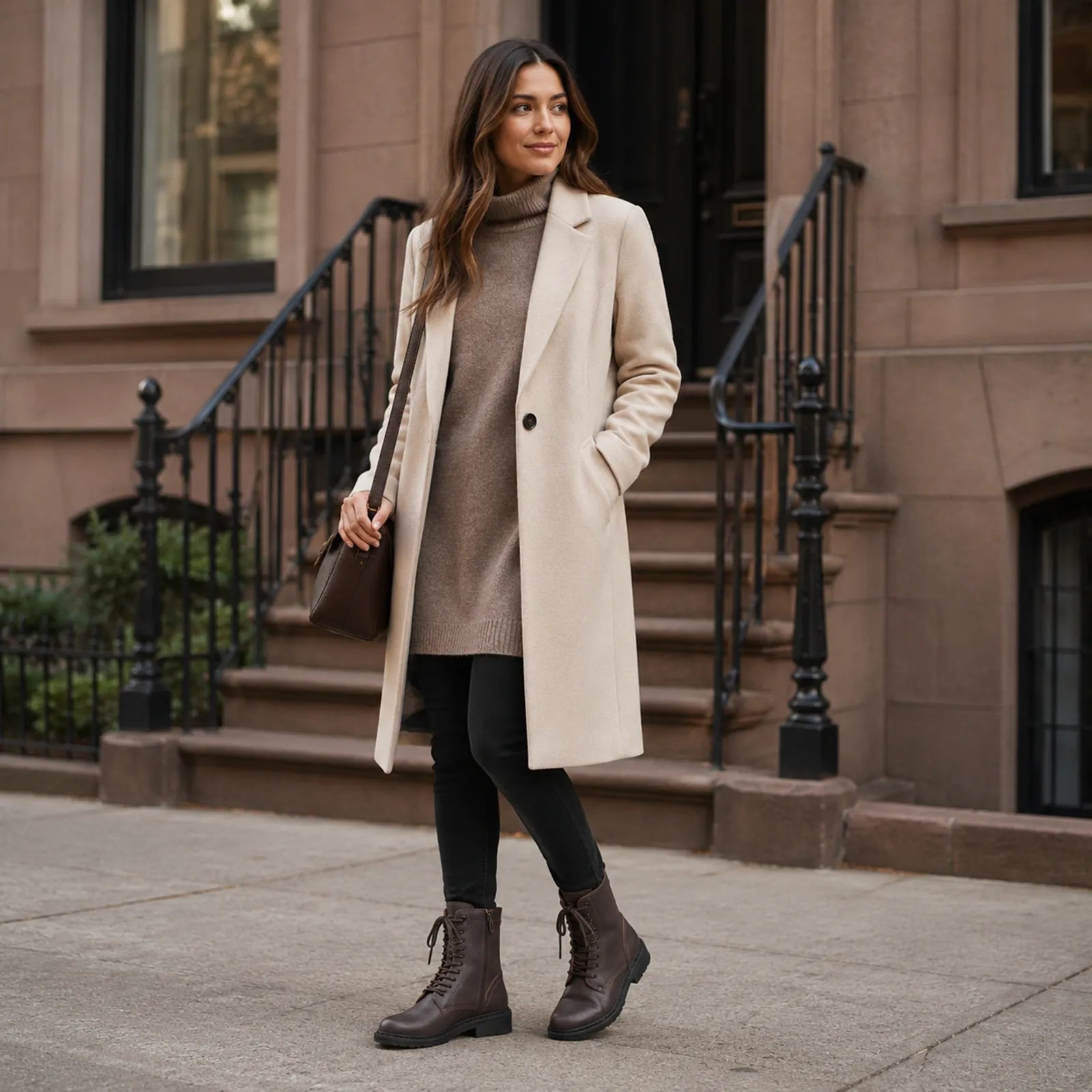 Brown leather lace-up ankle boots with rugged tread sole and low block heel.