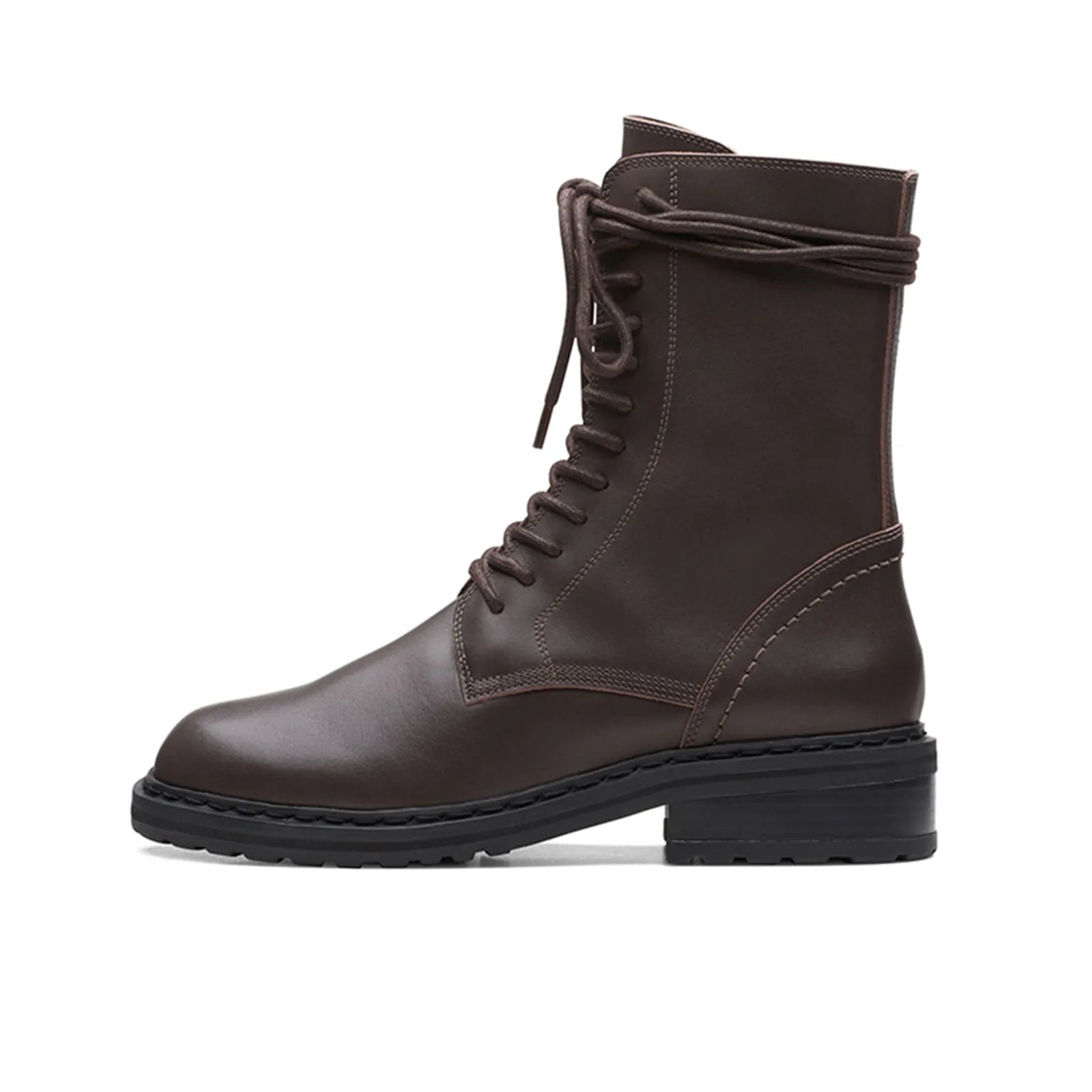Brown leather lace-up ankle boots with side seam and durable rubber sole.
