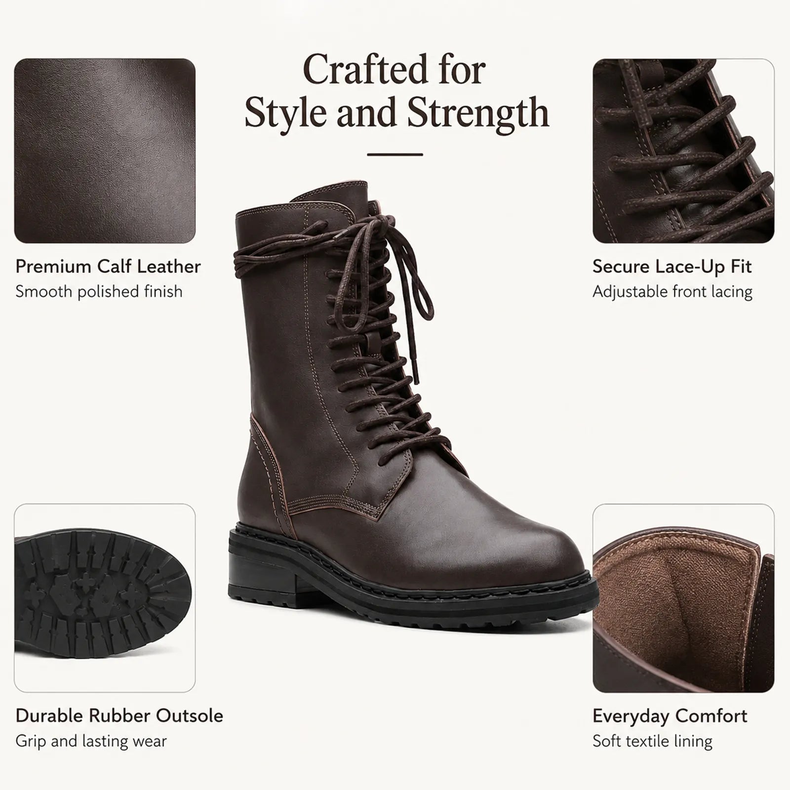 Dark leather lace-up women's boots, padded collar, grippy rubber outsole