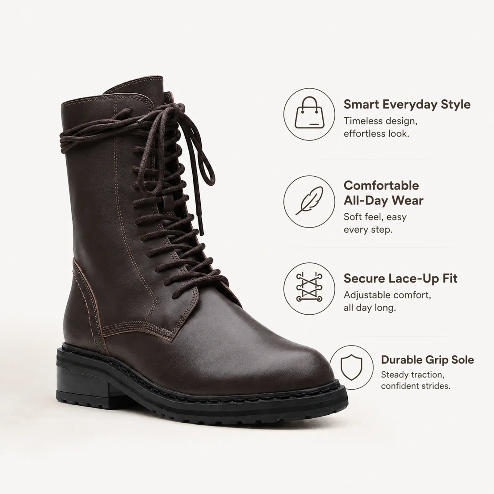 Dark leather lace-up women's boots with lace-up front and chunky rubber sole