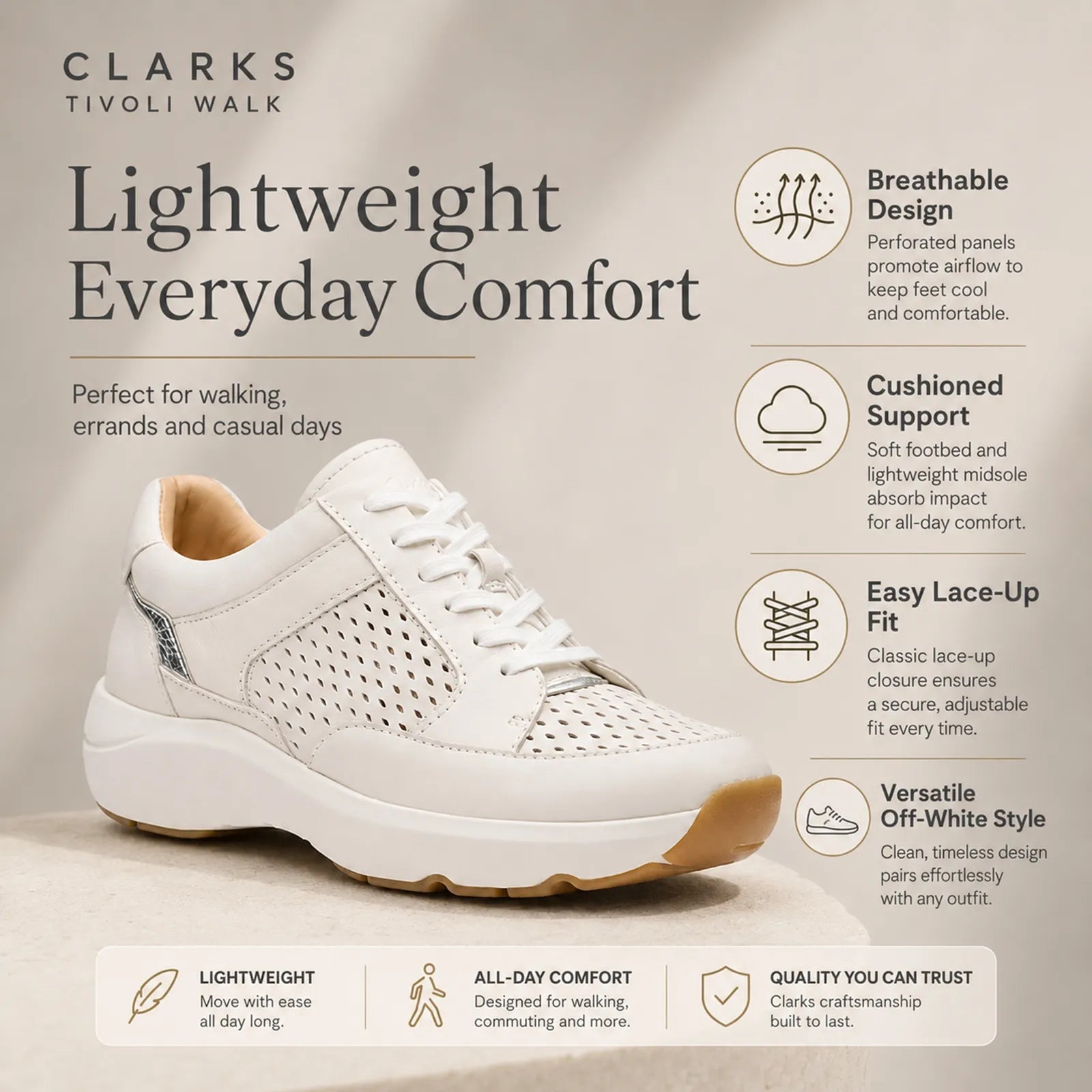 Beige leather women's sneakers with breathable perforated panels and cushioned sole
