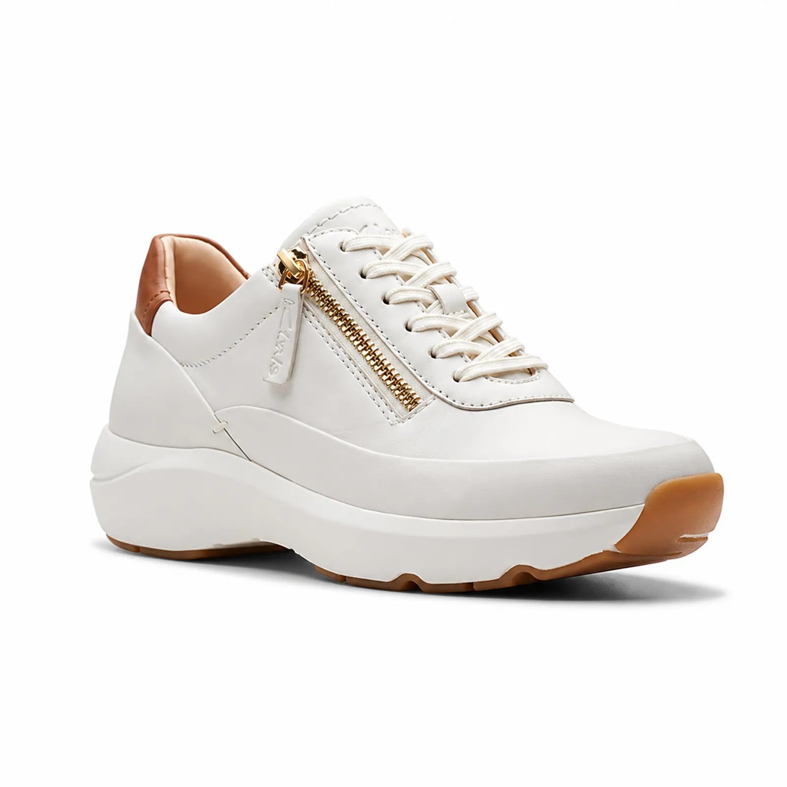 Beige leather womens zip sneakers with lace-up closure and gold-toned zipper