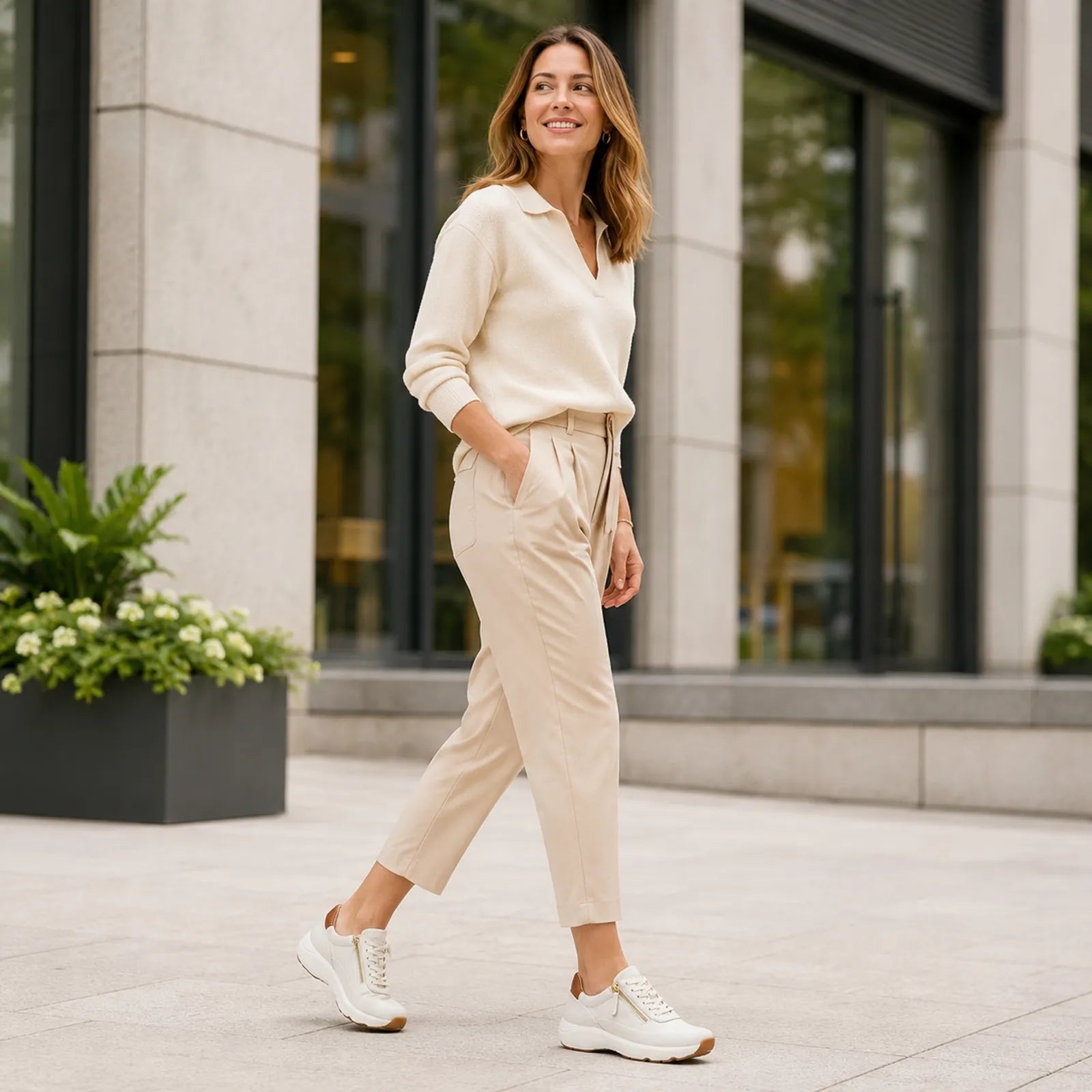 Womens beige leather sneakers worn with a light jogger outfit