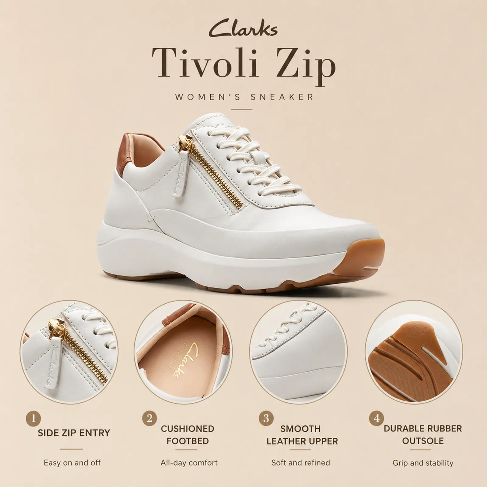 Beige leather womens sneakers with side zip; close-up icons show entry and comfort features