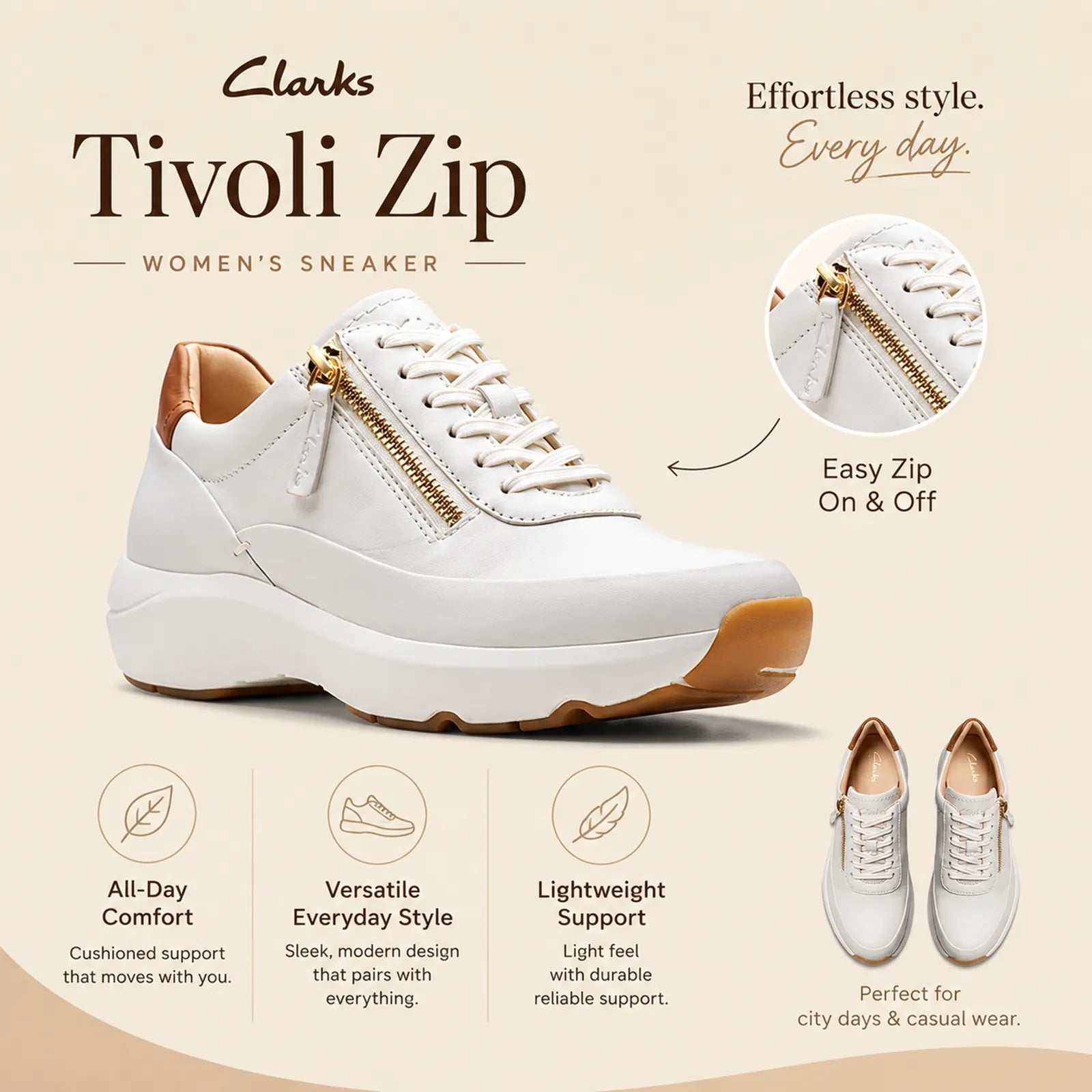CLARKS women’s zip-front lace-up sneakers, light leather upper with cushioned sole