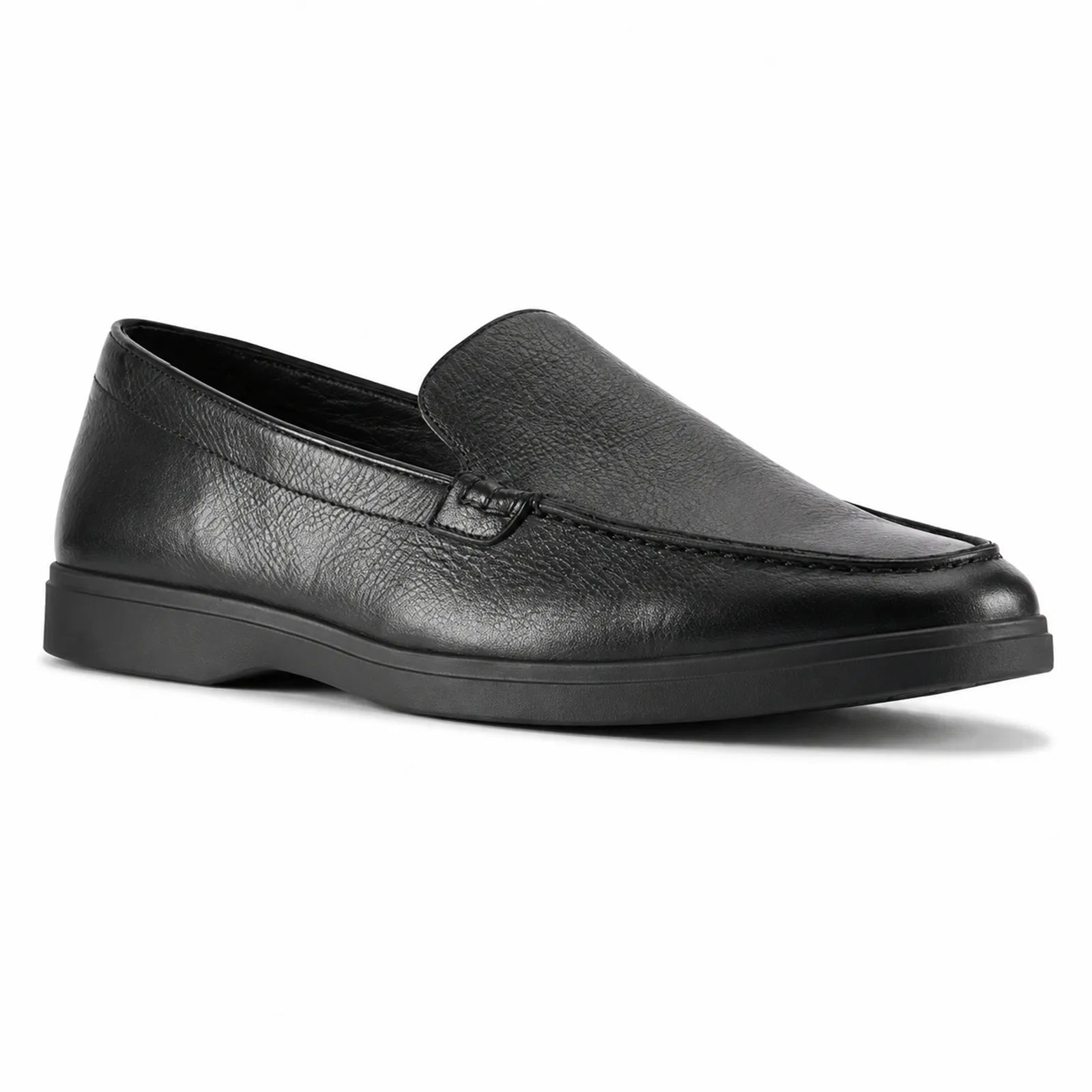 Men's leather slip-on loafers, black with moc toe stitching and low rubber sole
