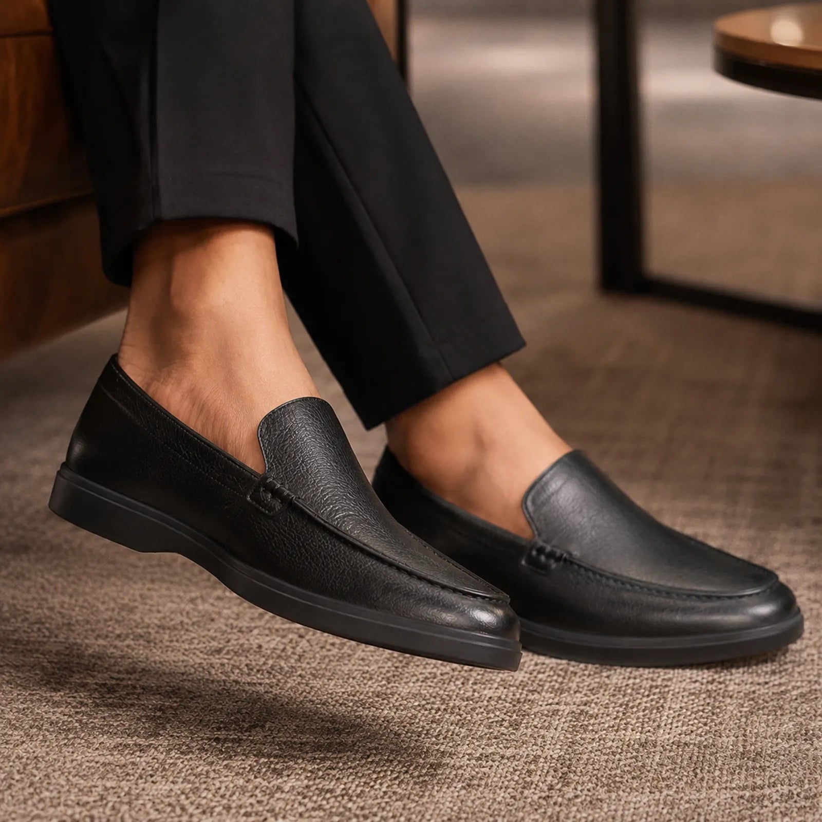 Men's leather slip-on loafers, black with smooth vamp and low rubber sole