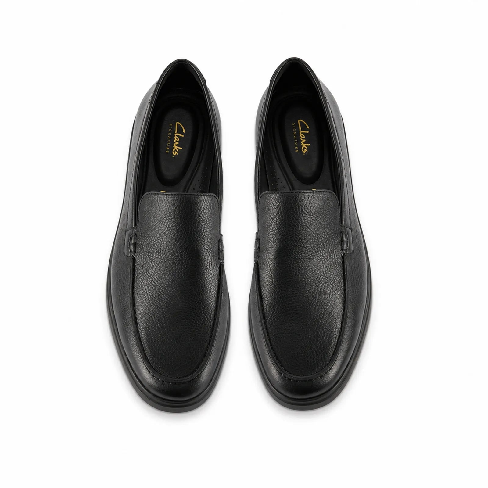 Pair of men's leather loafers, black with stitched moc toe and slip-on collar