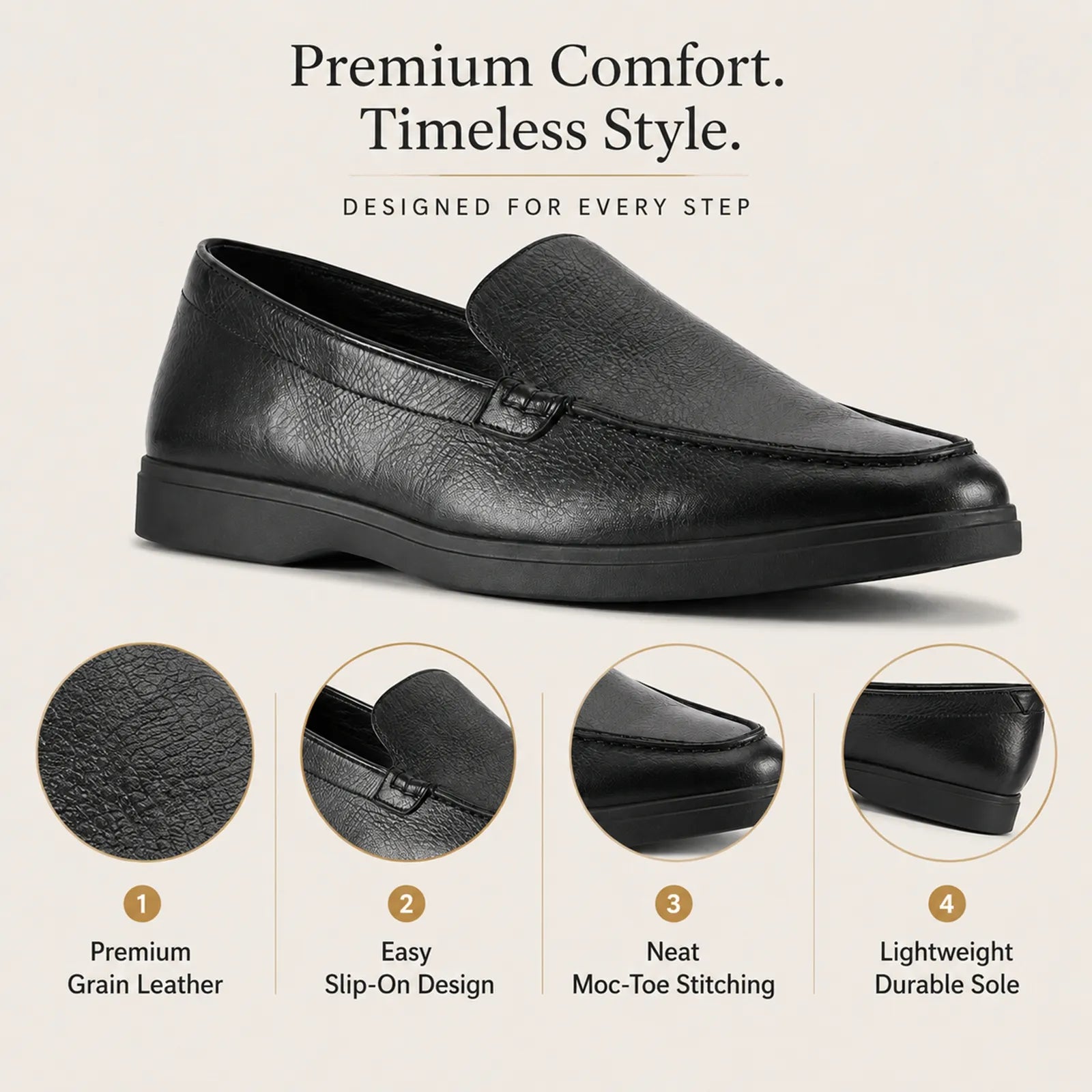 Black leather slip-on loafers with moc-toe stitching and padded sole