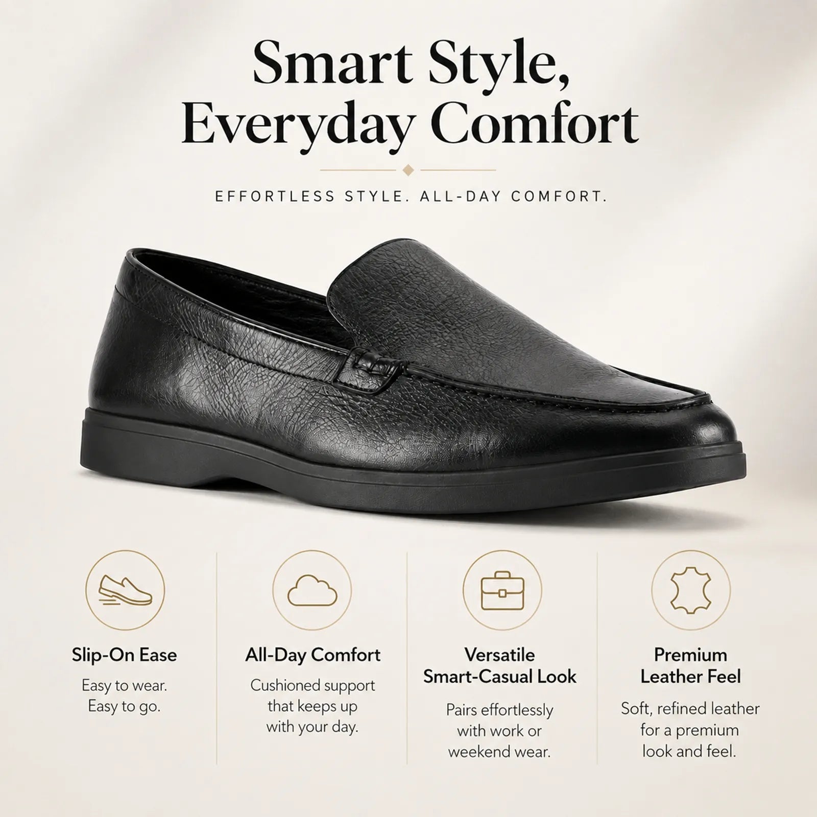 Black leather casual loafers with slip-on design and low profile sole