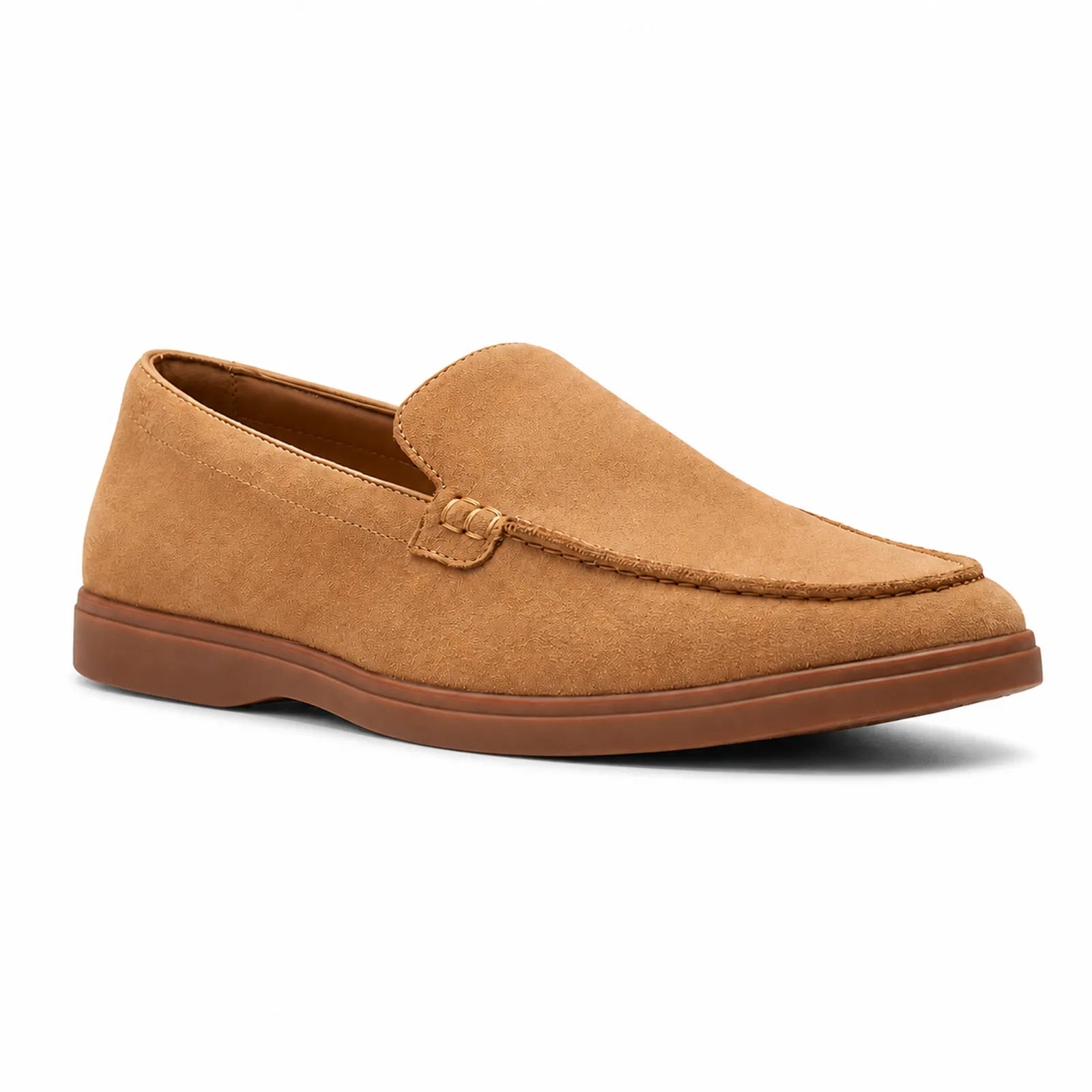 Men's suede slip-on loafers, tan-brown with moc toe and stitched apron