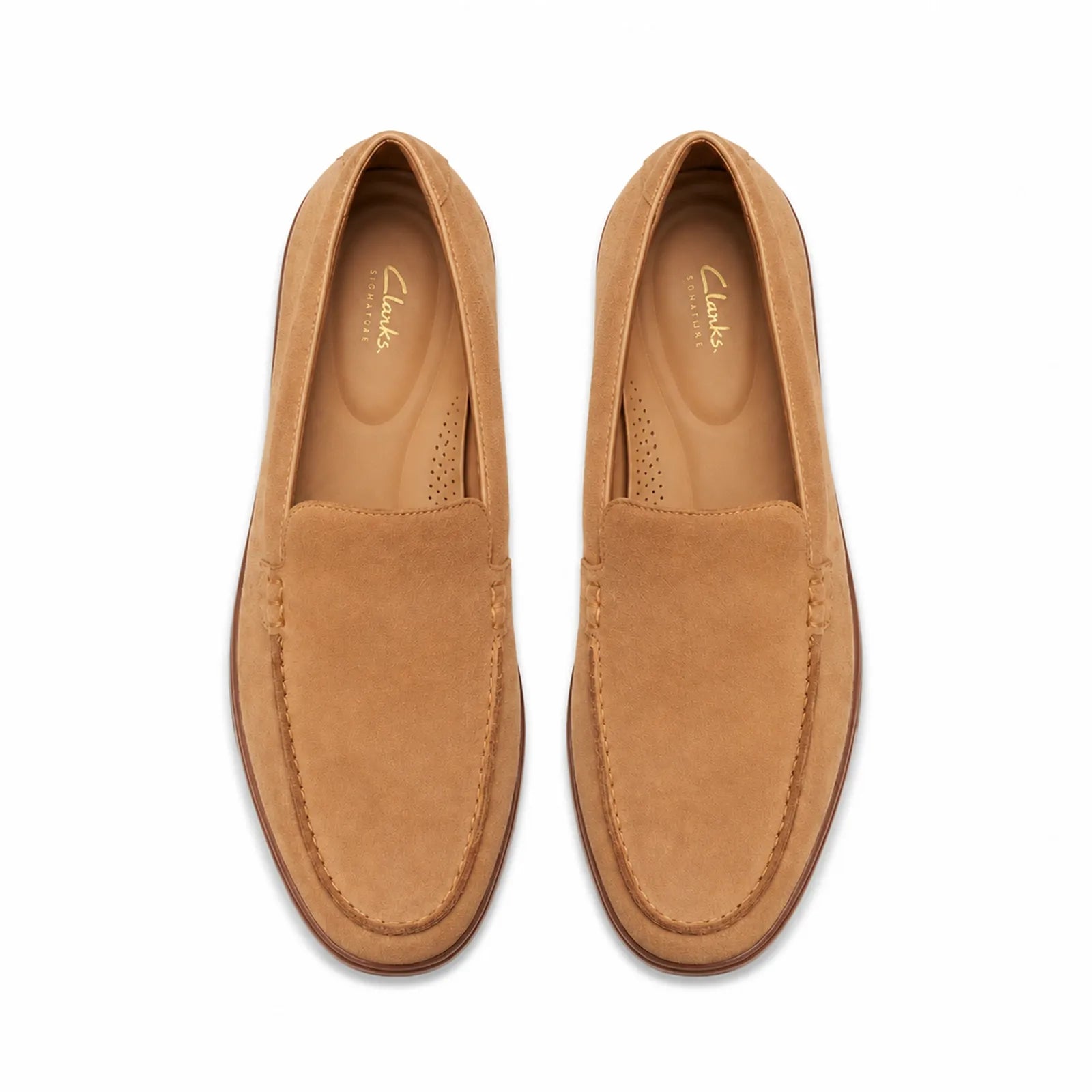 Pair of men's suede loafers, tan-brown uppers with moc toe stitching