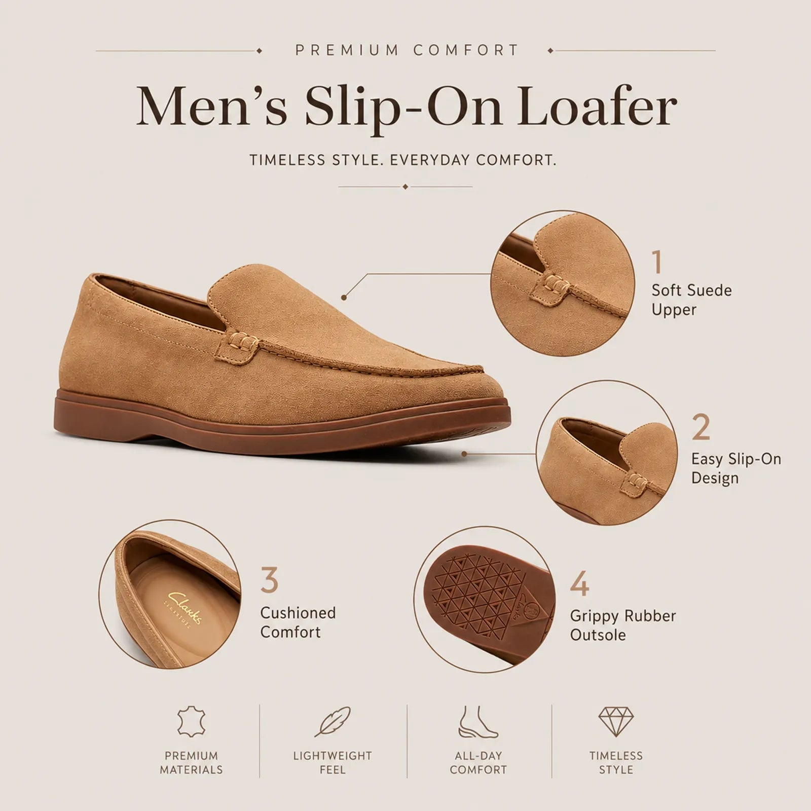 Men's suede slip-on loafers with soft upper, easy slip-on design, and grippy rubber outsole