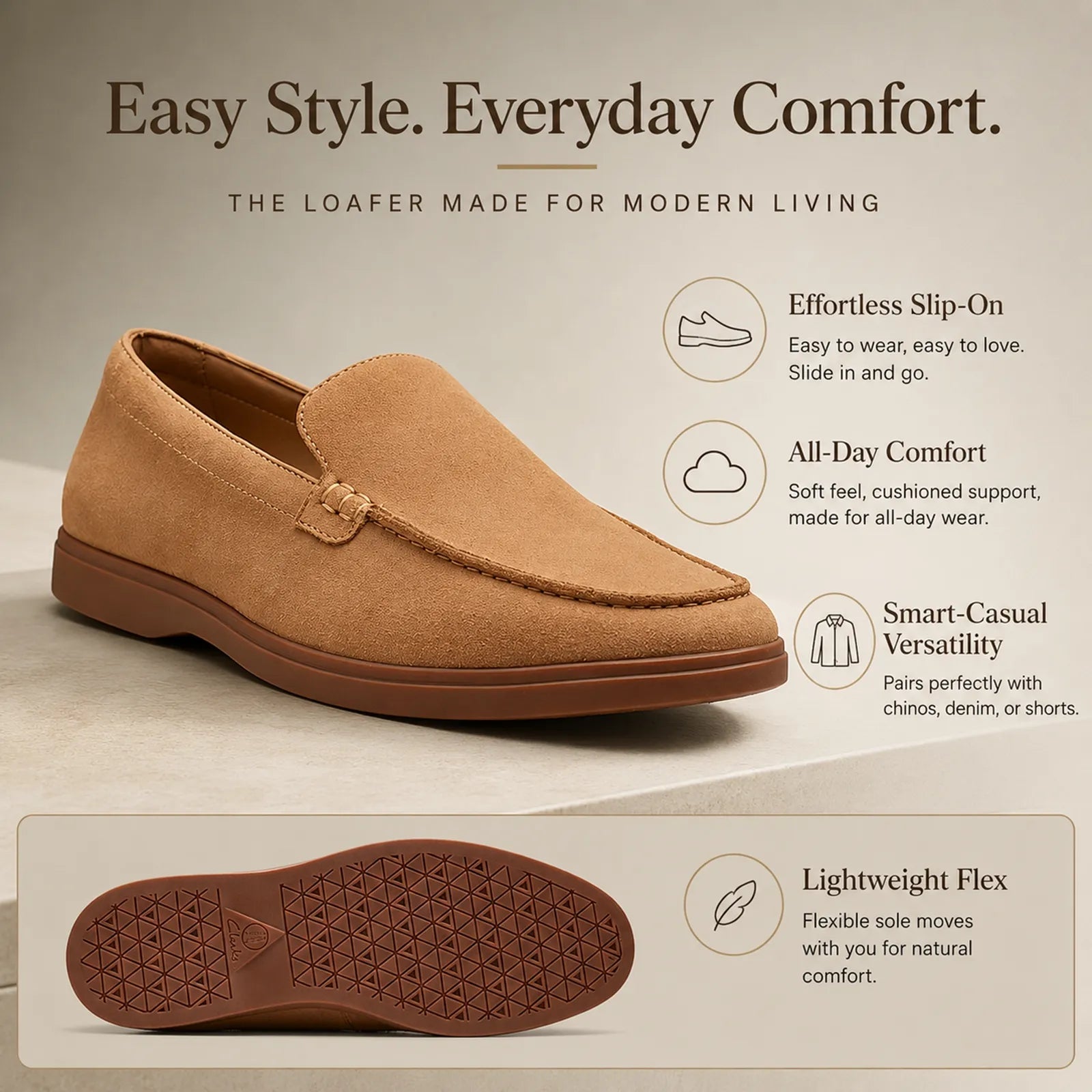 Men's suede slip-on loafers with lightweight flexible sole for everyday comfort