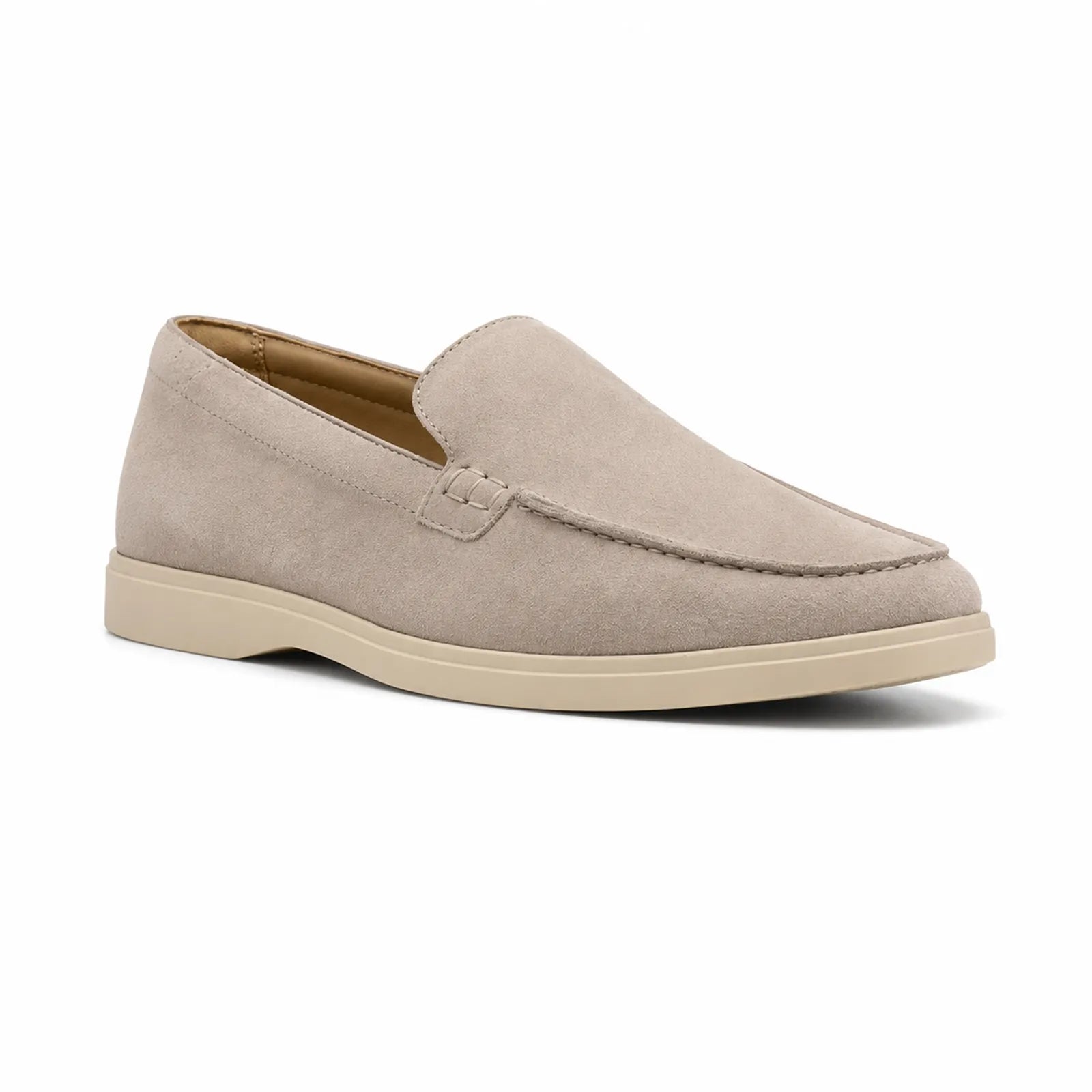 Light grey suede slip-on loafers with moc-toe stitching and low sole