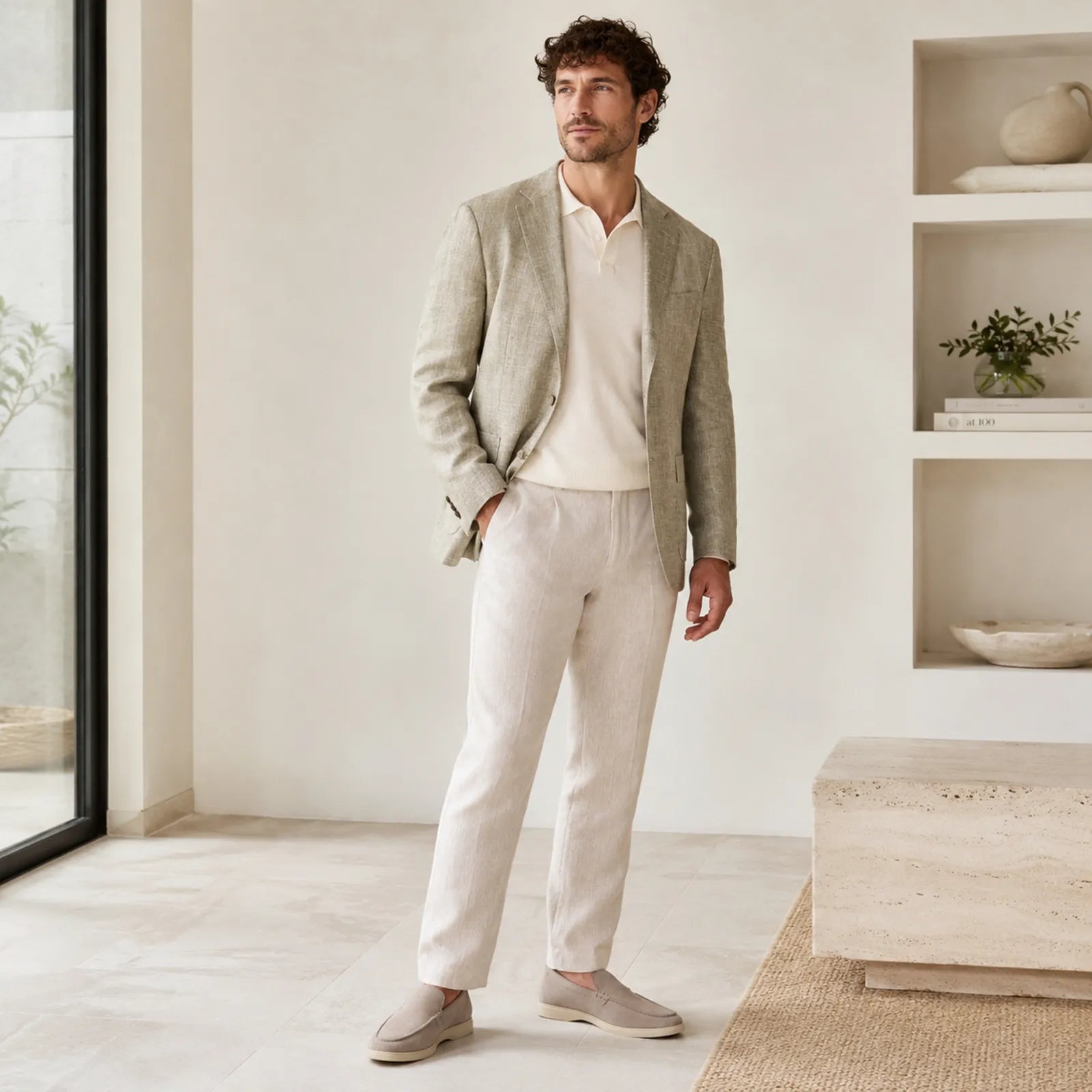 Light grey suede loafers worn with a beige blazer and white pants