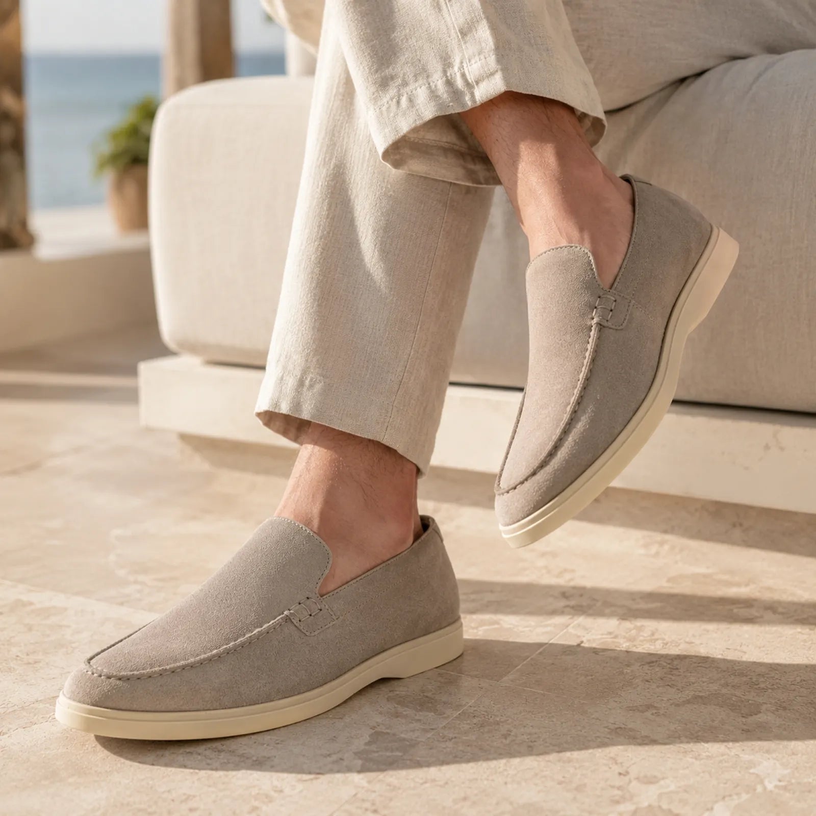 Men's suede loafers, grey slip-on with stitched moccasin seam and low sole