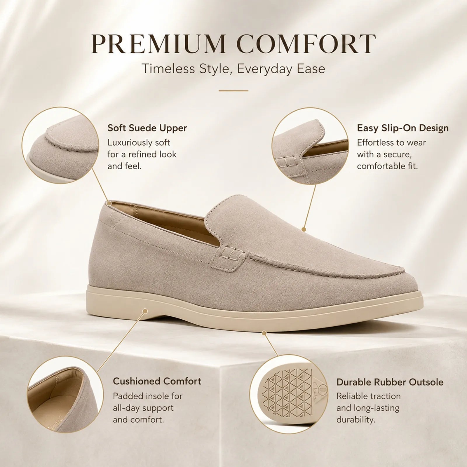 Men's suede loafers, grey slip-on with cushioned footbed and low outsole