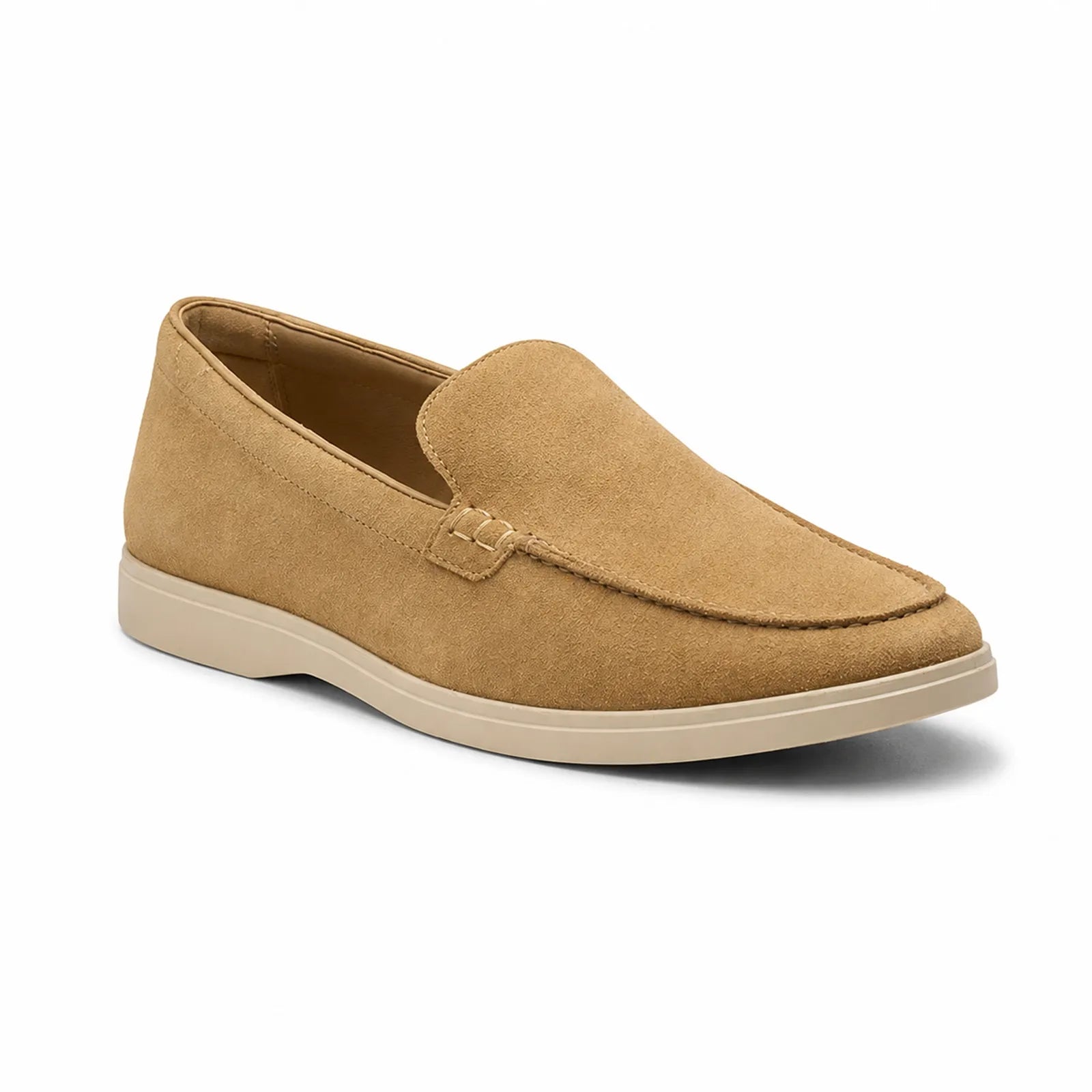 Khaki suede slip-on loafers with moc-toe stitching and low outsole