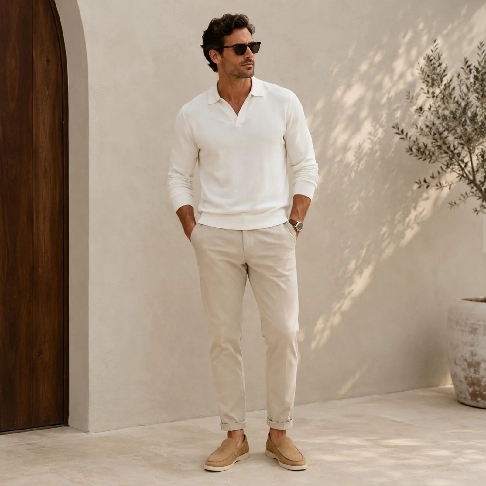 Khaki suede loafers worn with light pants and white casual shirt