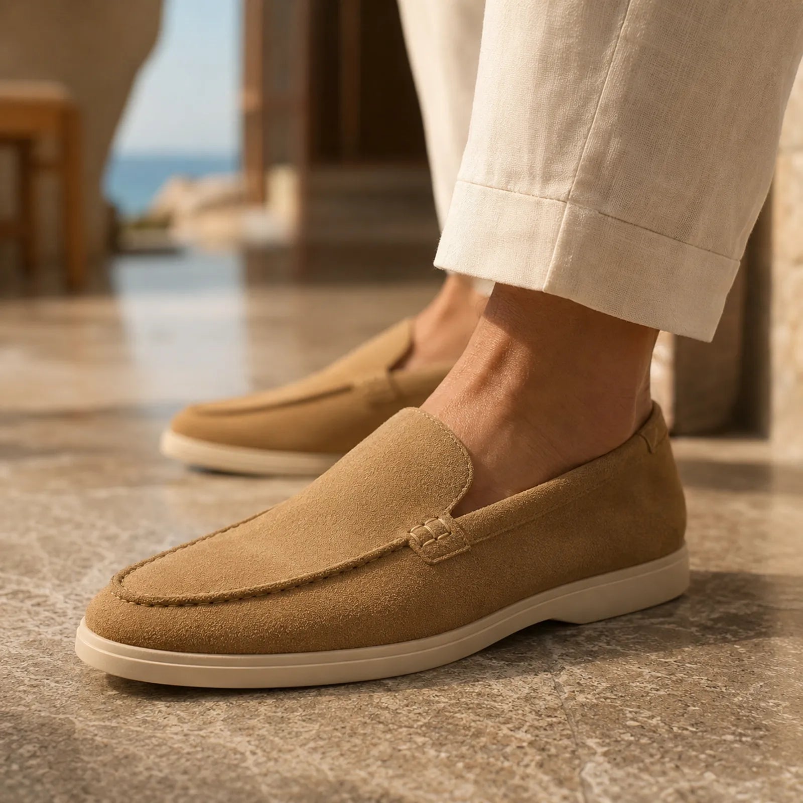 Khaki suede slip-on loafers with moc stitching and cushioned sole