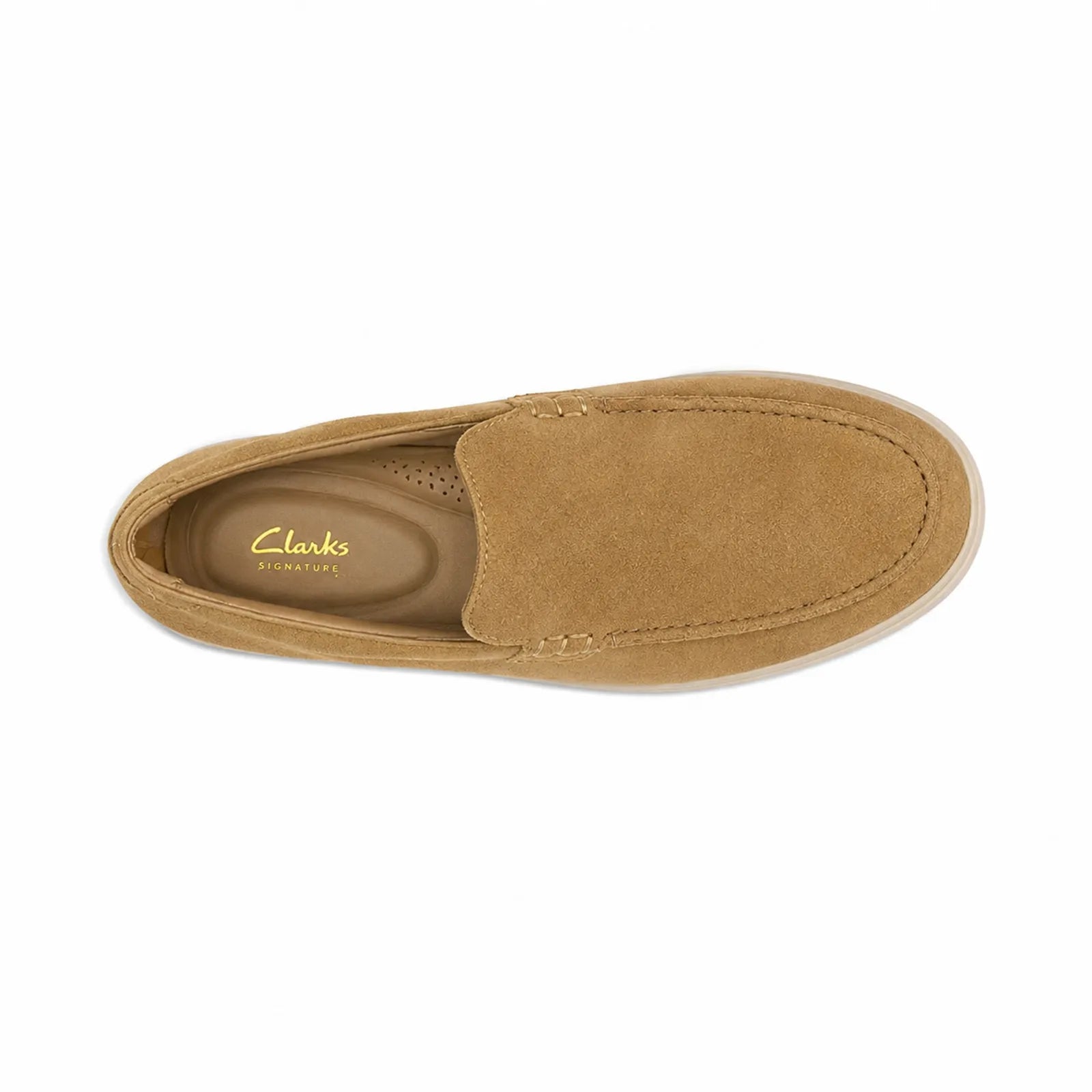 Khaki suede loafer with side view showing cushioned insole detail