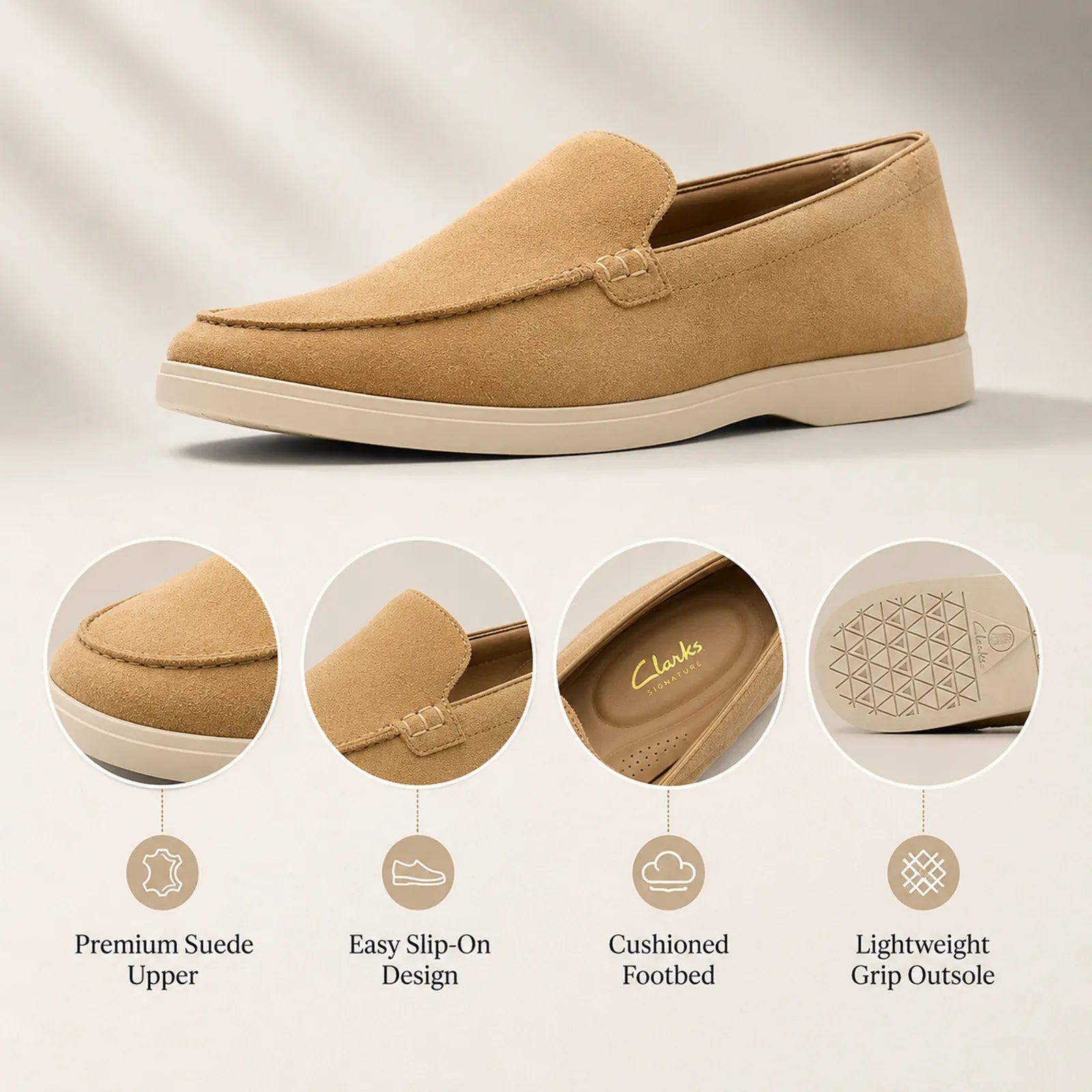 Khaki suede slip-on loafers with low white midsole and grip outsole