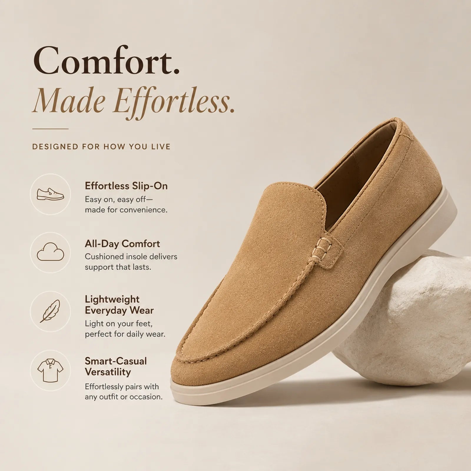 Khaki suede loafers with easy slip-on upper and cushioned footbed
