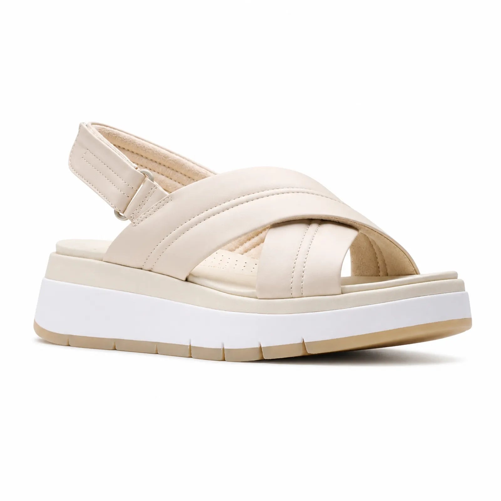 Cream white leather open-toe platform sandals with cushioned ankle strap
