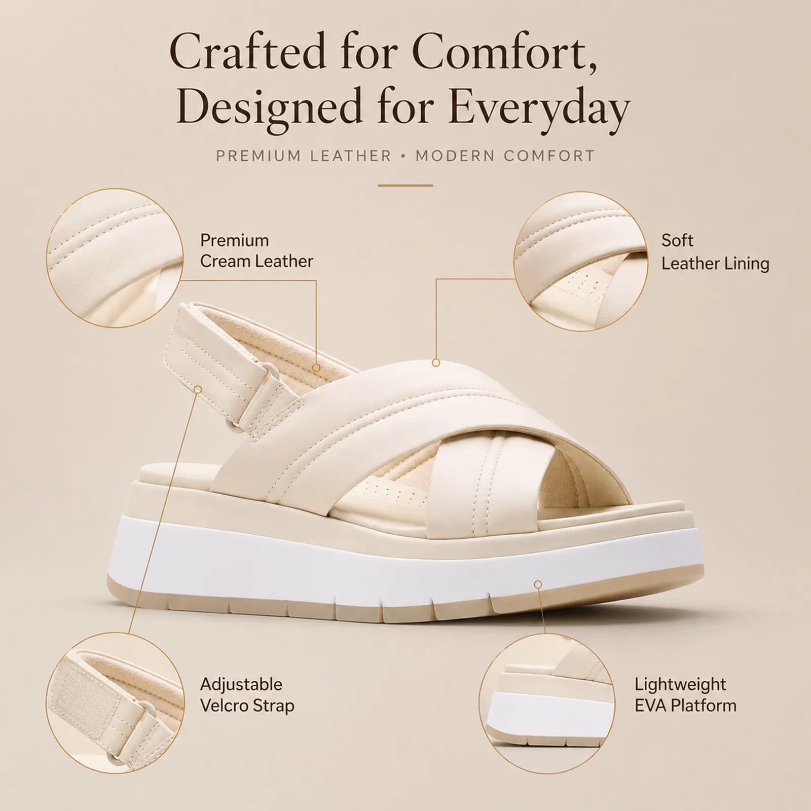 Cream leather open-toe platform sandals with adjustable ankle strap and cushioned lining