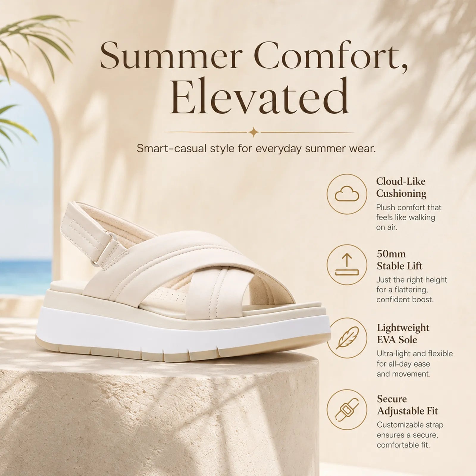 Cream white open-toe platform sandal with wide cross upper and cushioned feel