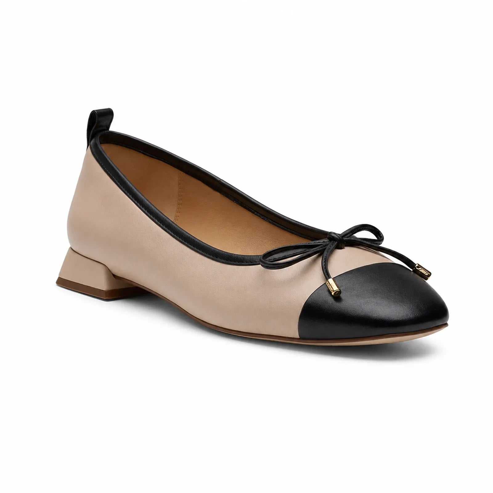 Two-tone women's leather loafer flats, beige and black bow with low block heel