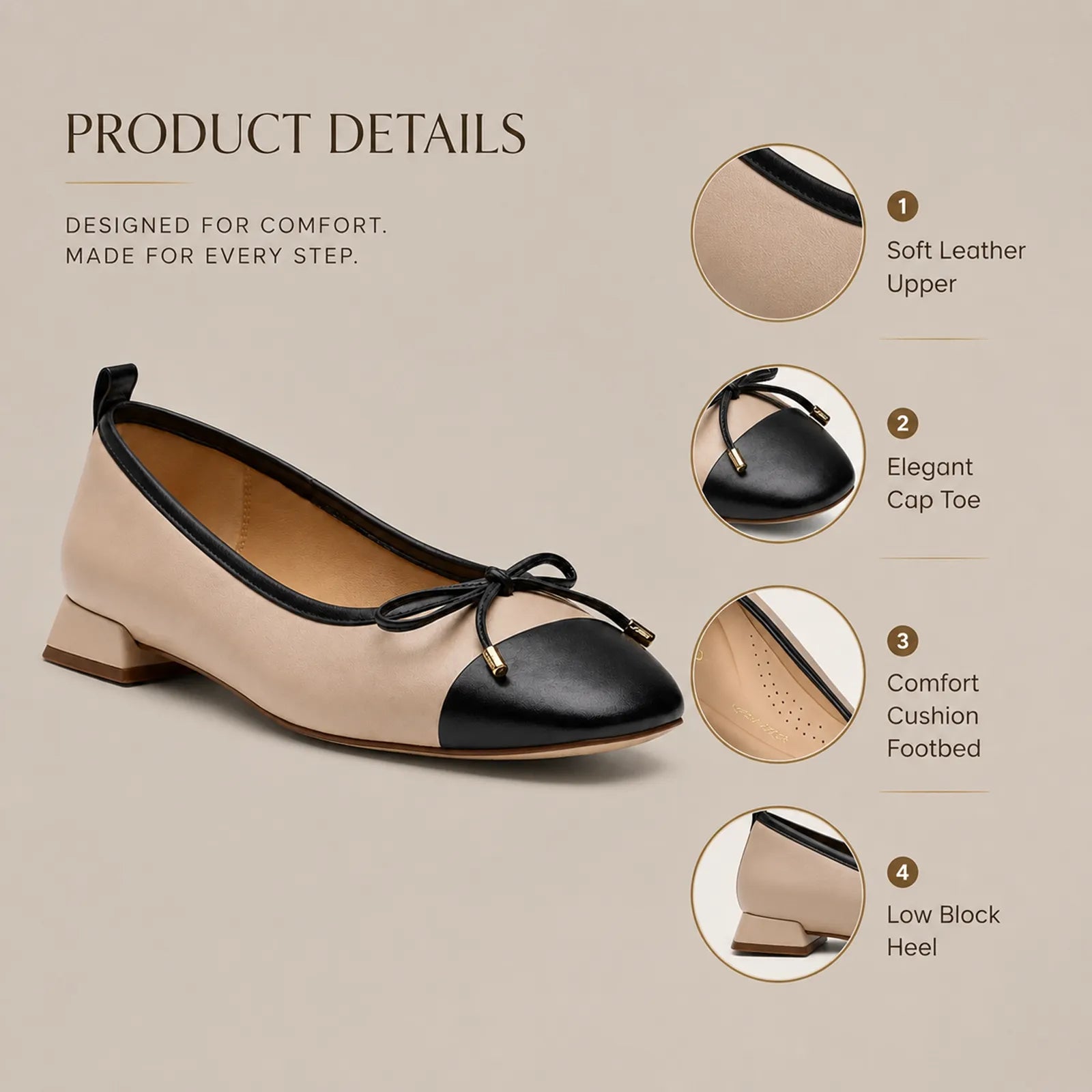 Two-tone leather loafer flats, beige with black cap toe and bow, low heel
