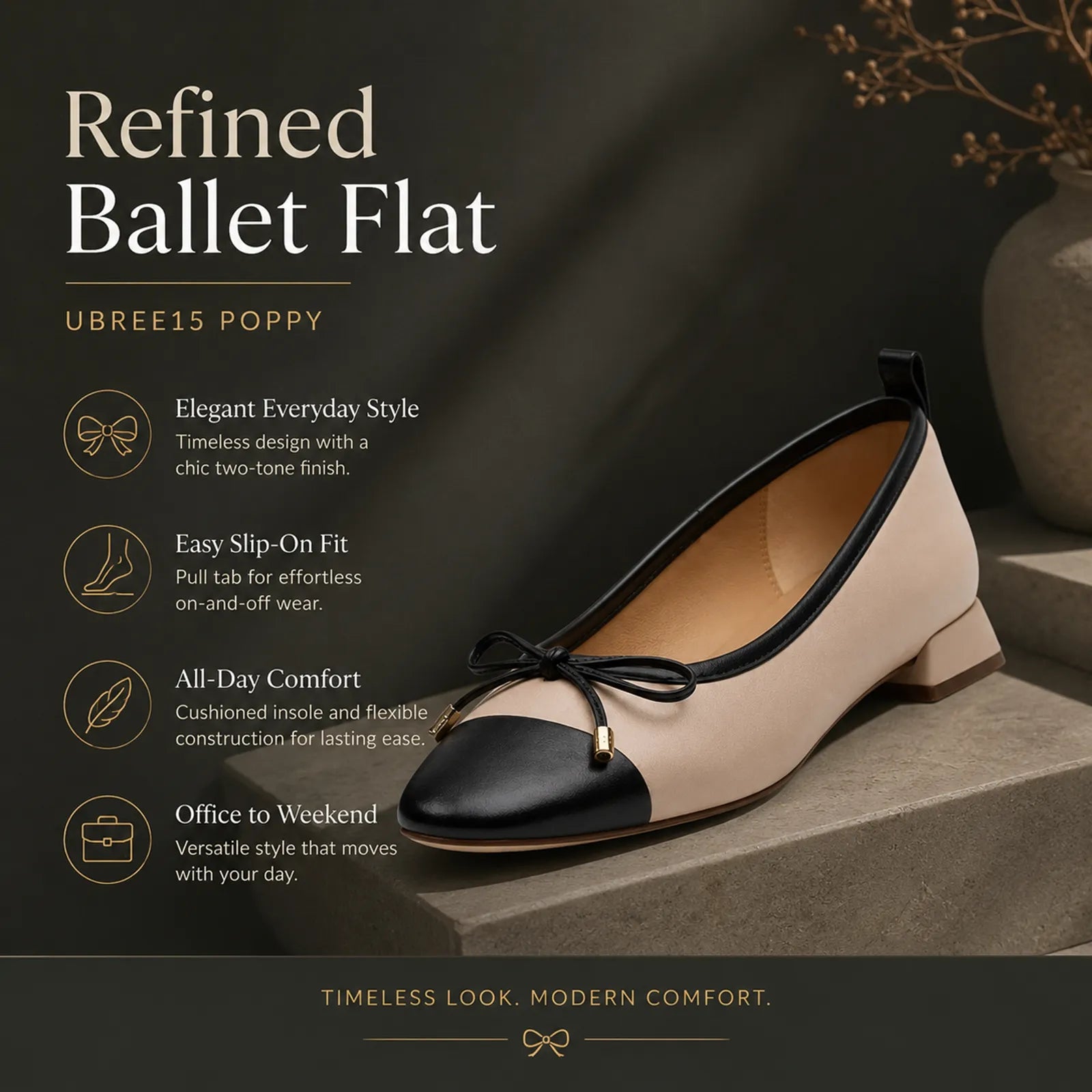 Ballet flat style loafers in two-tone leather, beige with black bow cap toe